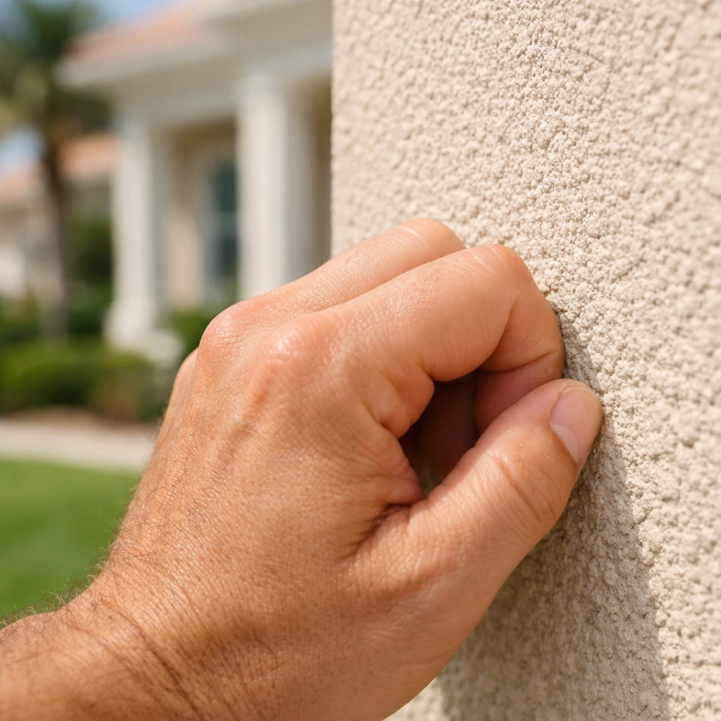 Testing for hollow sounds in exterior walls to identify delamination for stucco repair in Sarasota.