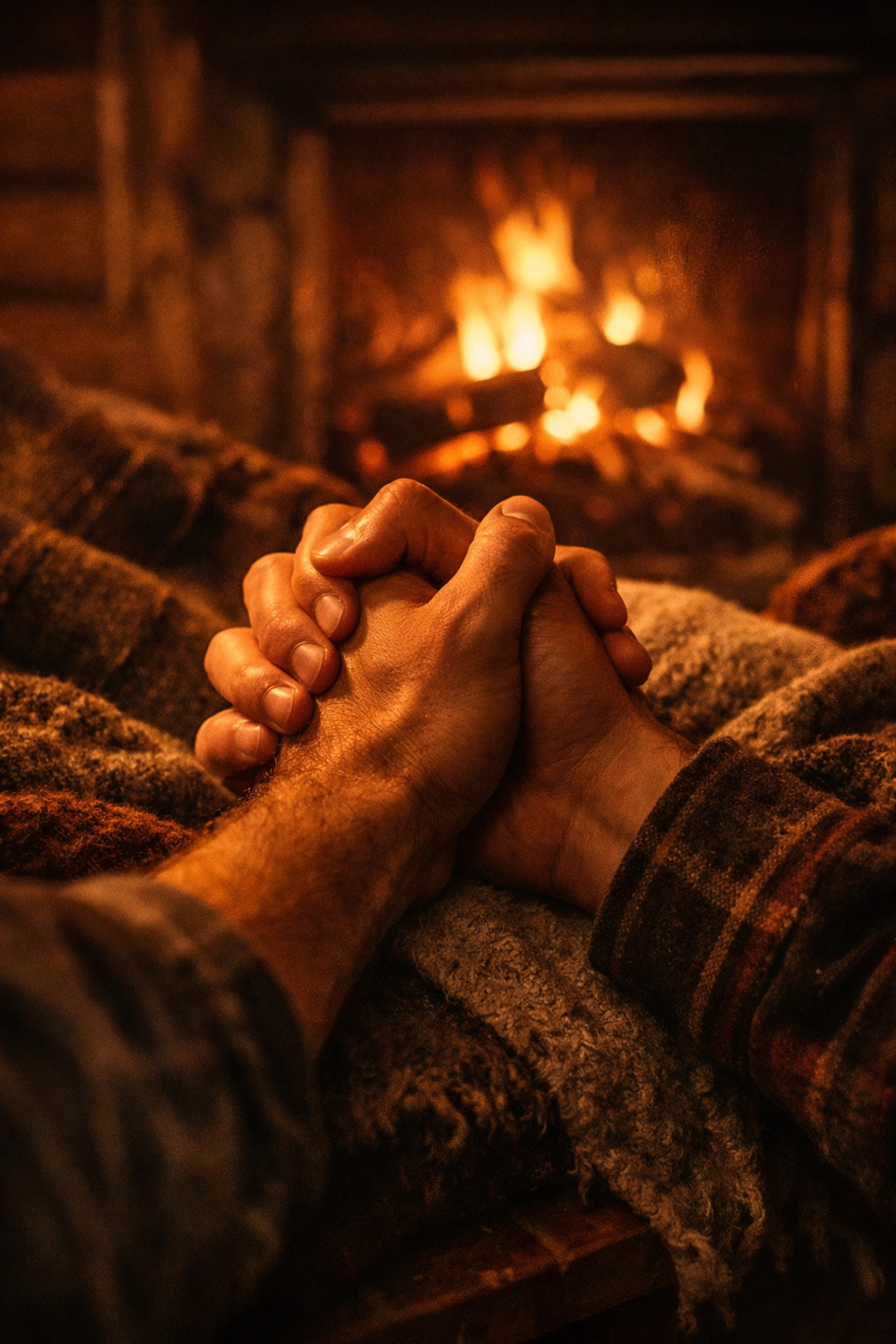 Two men's hands clasped by fireplace in alpine cabin showing intimacy in historical LGBTQ+ romance