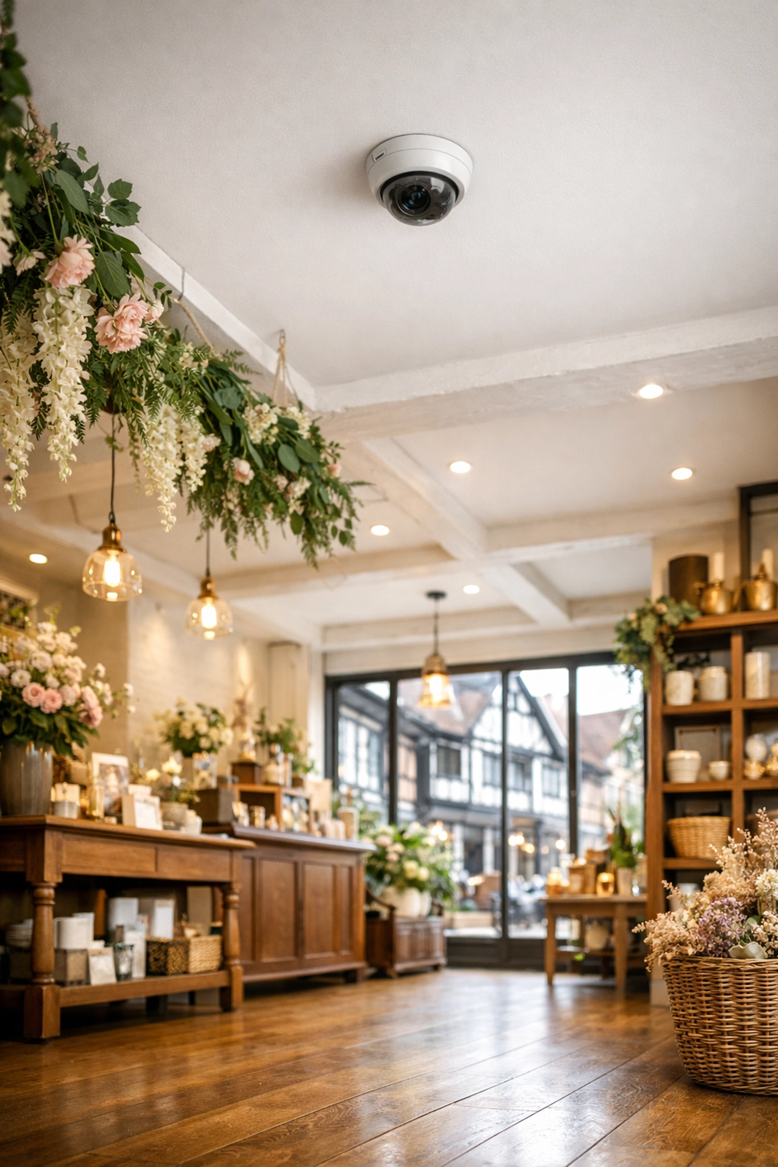 Discreet commercial CCTV camera installed in a stylish Stratford upon Avon retail boutique.