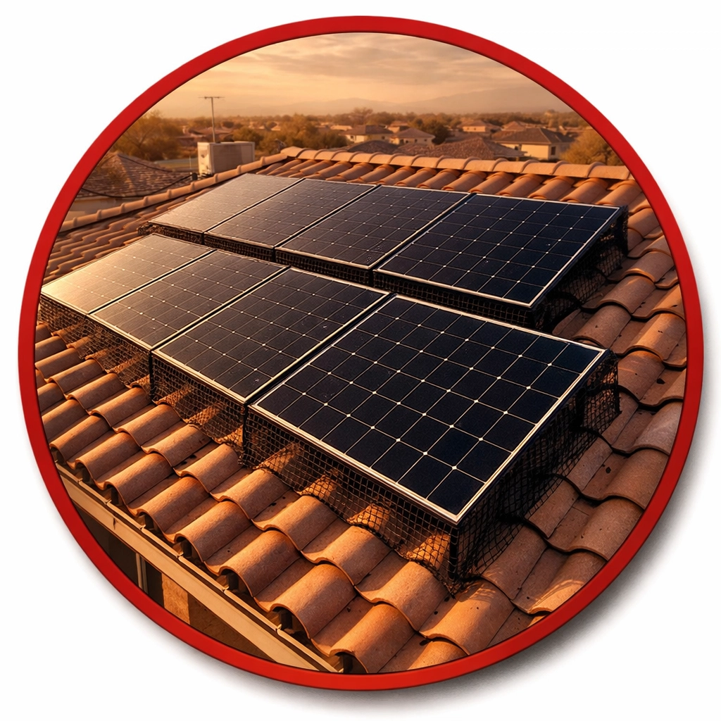 Solar panels protected with pigeon netting installation on Arizona residential roof