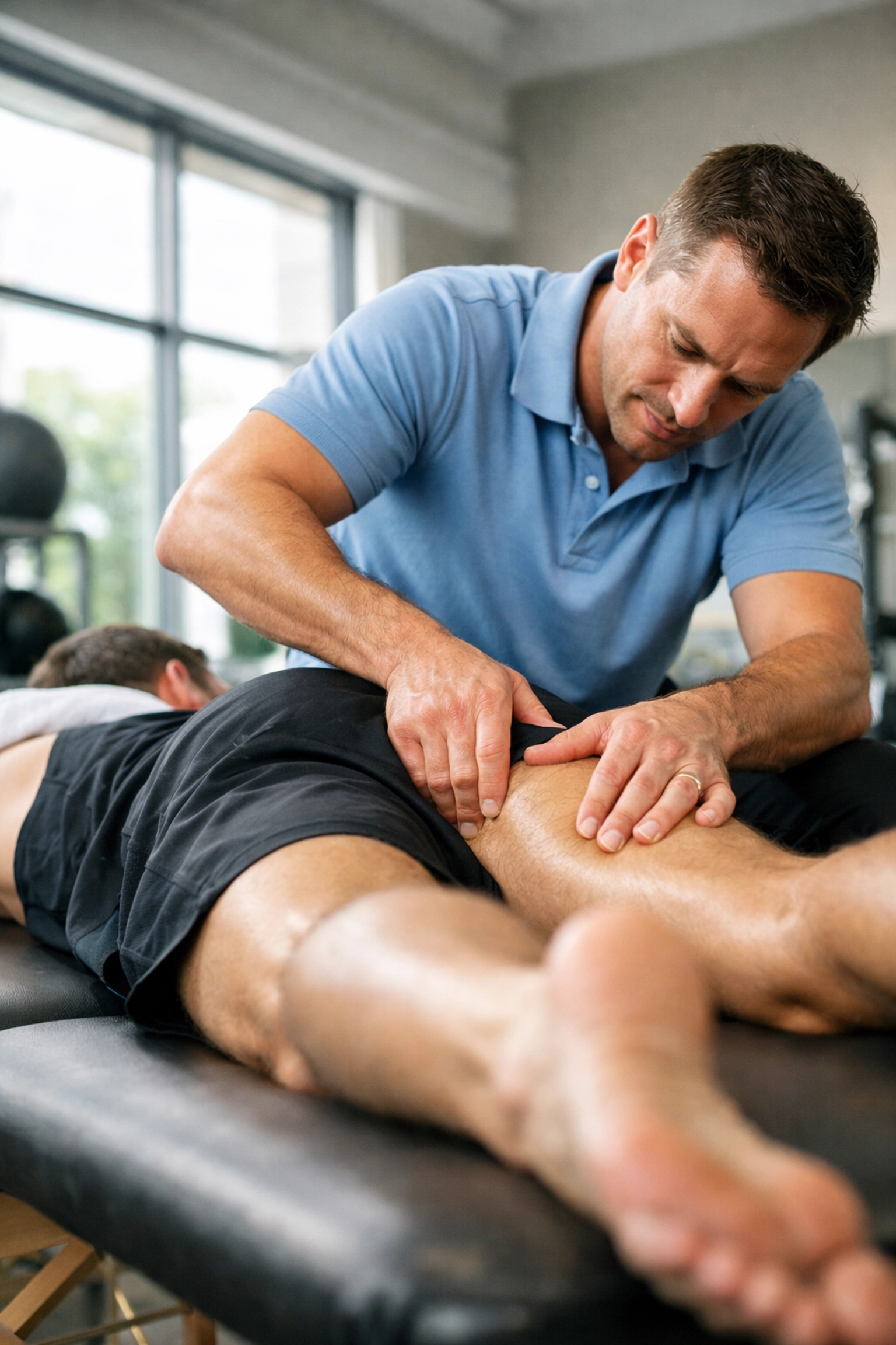 Sports medicine practitioner applying myofascial release to athlete's leg on treatment table