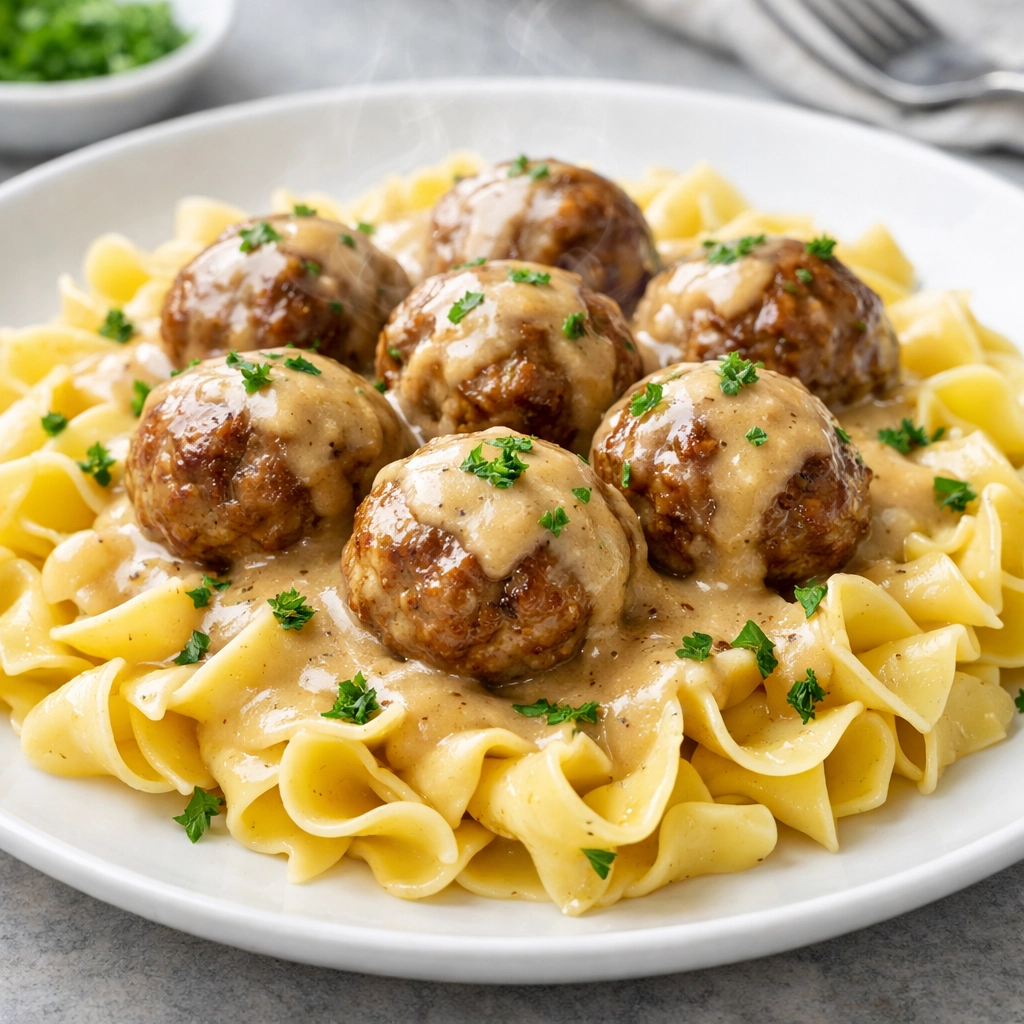 Tender Swedish meatballs in creamy gravy over egg noodles, a classic 5-ingredient easy family meal.