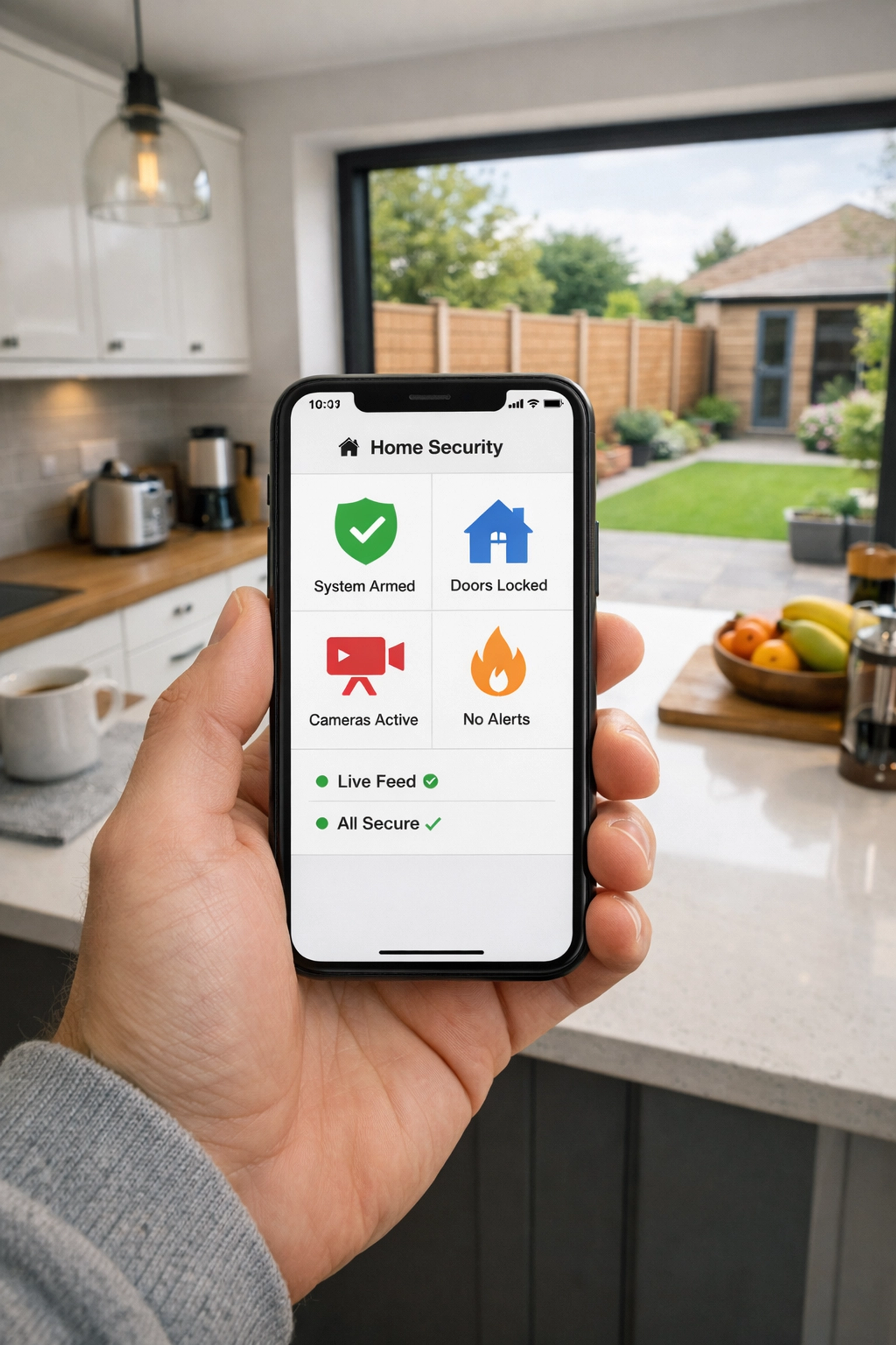 Homeowner using a smart security app on a smartphone to monitor a Trowbridge home alarm system.