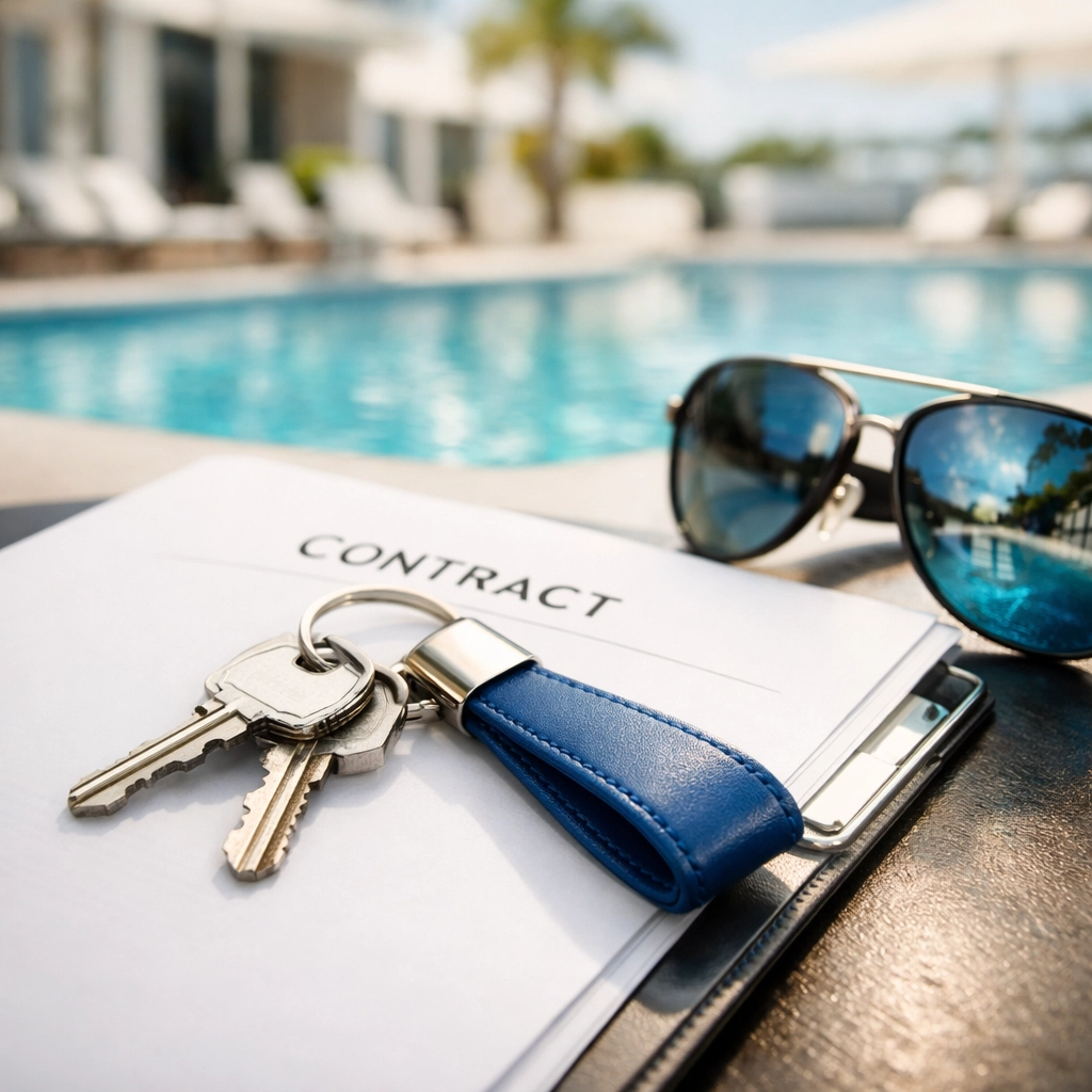Silver keys on a business contract folder representing a professional pool route sale closing.
