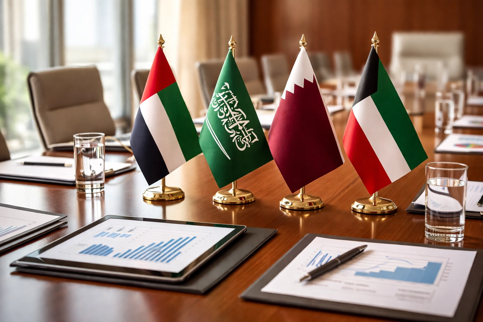 Boardroom with GCC country flags and growth charts representing regional investment strategy and cross-border finance
