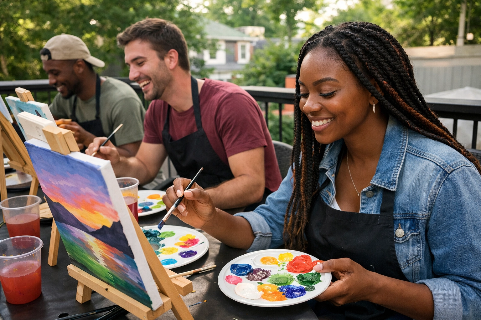 Friends enjoying a mobile canvas painting workshop in the DMV