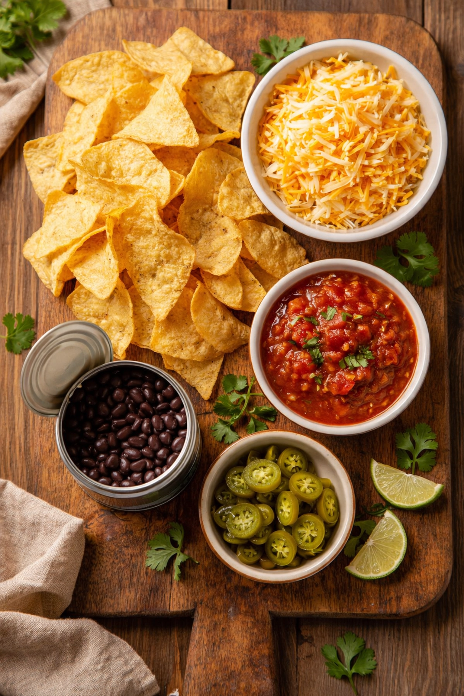 Quick 5-Ingredient Sheet Pan Nachos Five 5-ingredient sheet pan nacho components: tortilla chips, cheese, black beans, salsa, jalapeños: on a cutting board