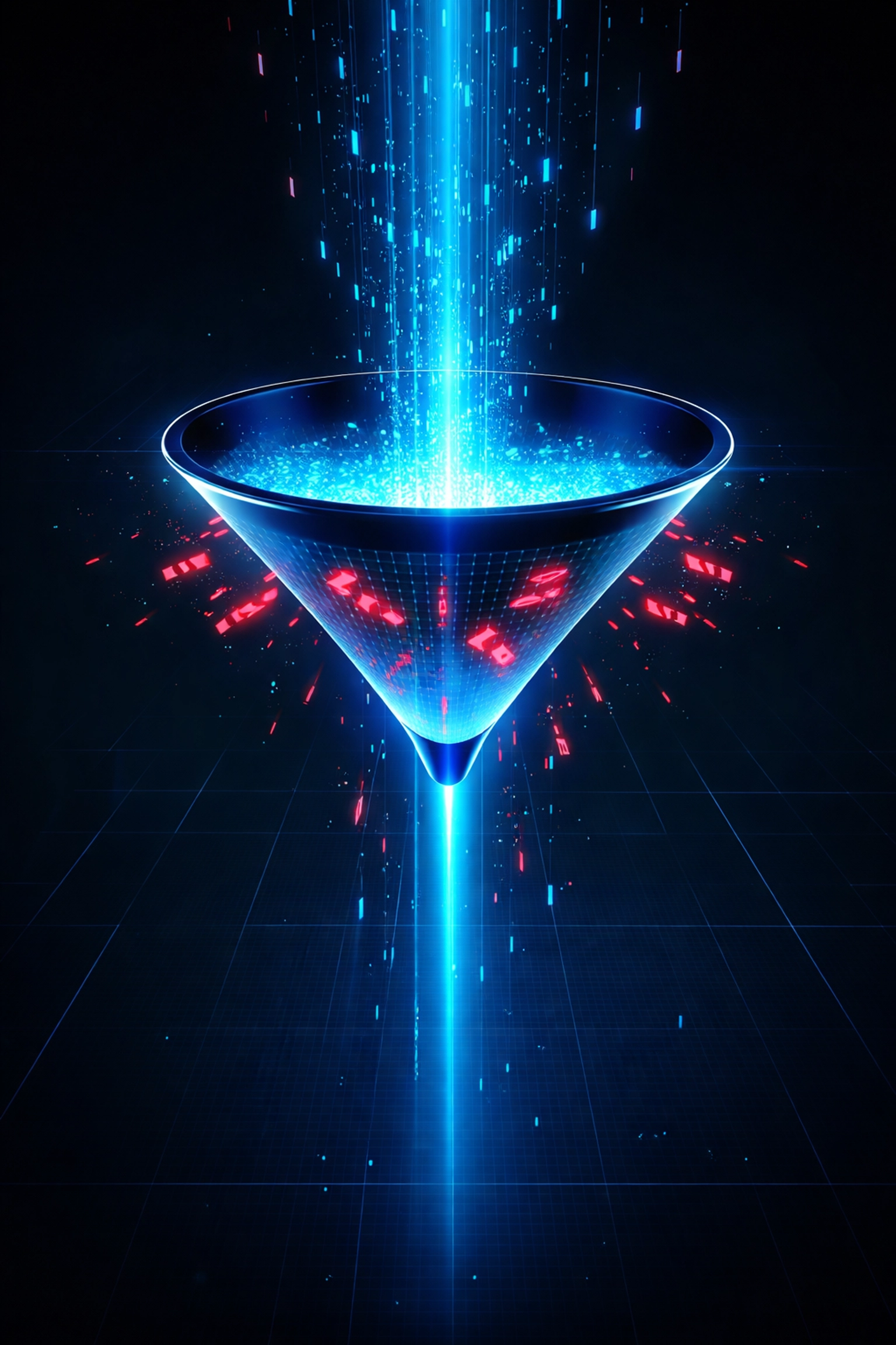 Futuristic data filter visualization showing clean and corrupted information, highlighting the importance of quality data in AI automation for small businesses.