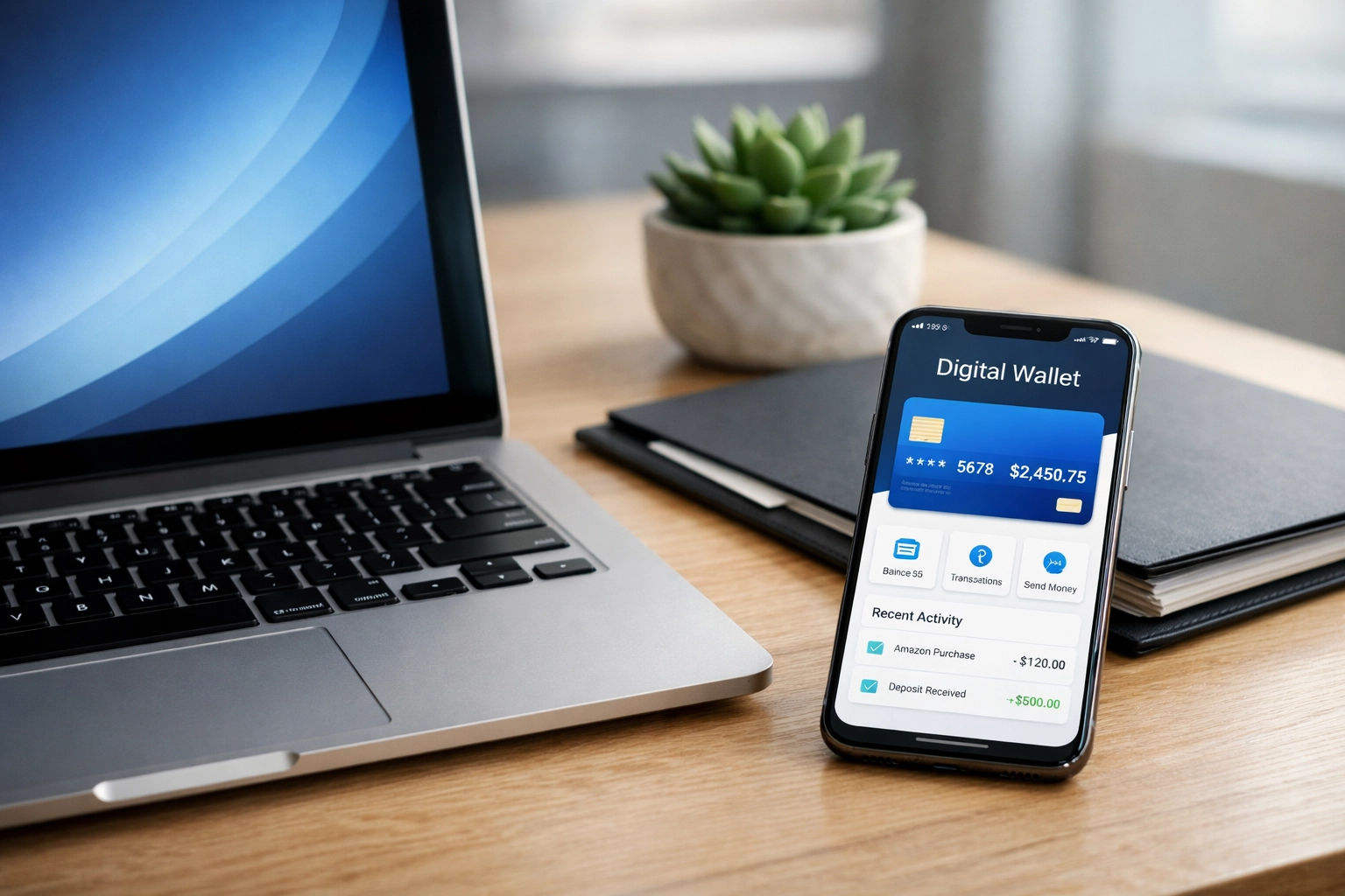Modern office desk with a digital wallet on a phone, highlighting new crypto tax reporting tools.