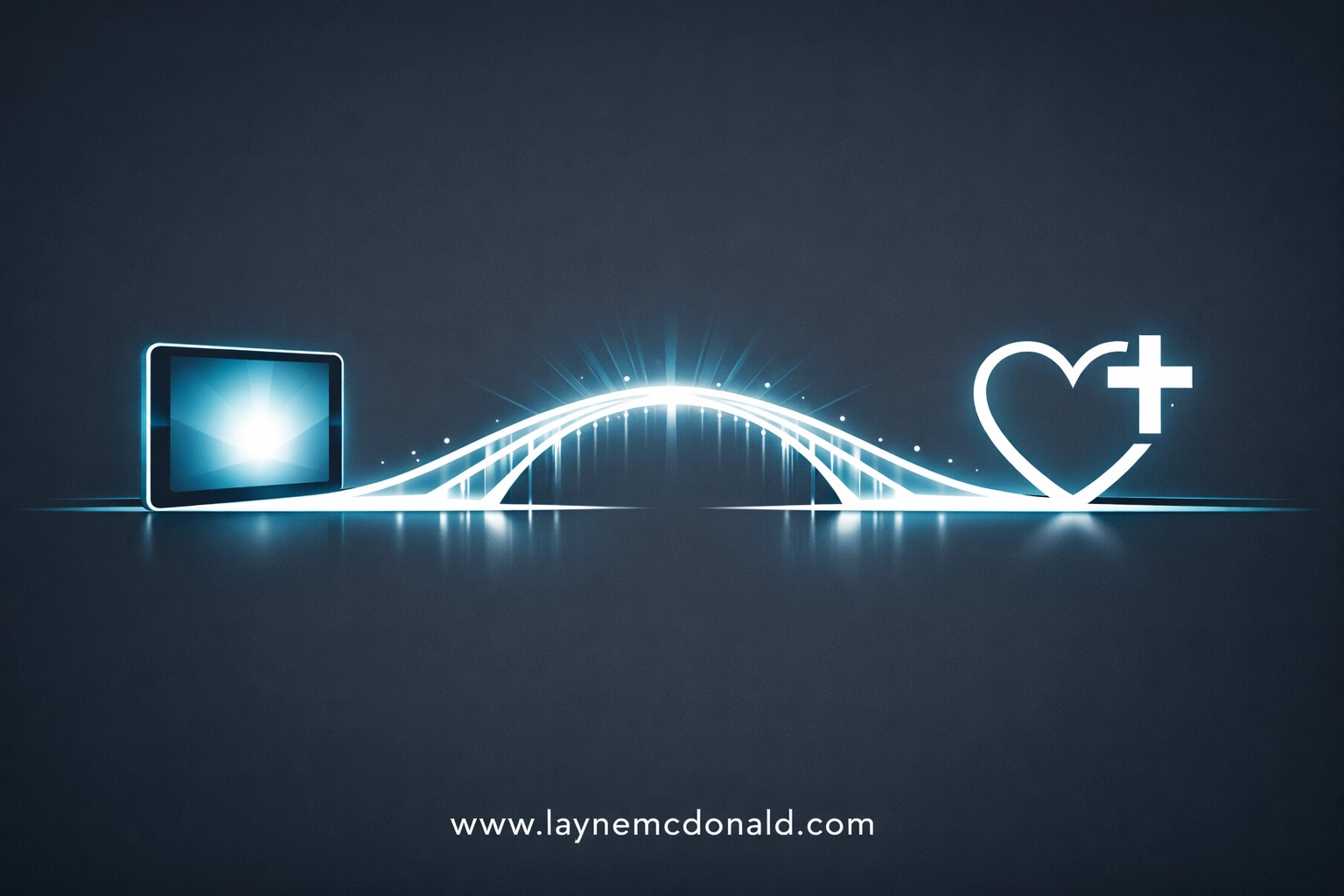 A glowing bridge connecting a digital tablet to a cross, representing professional goals and spiritual purpose.