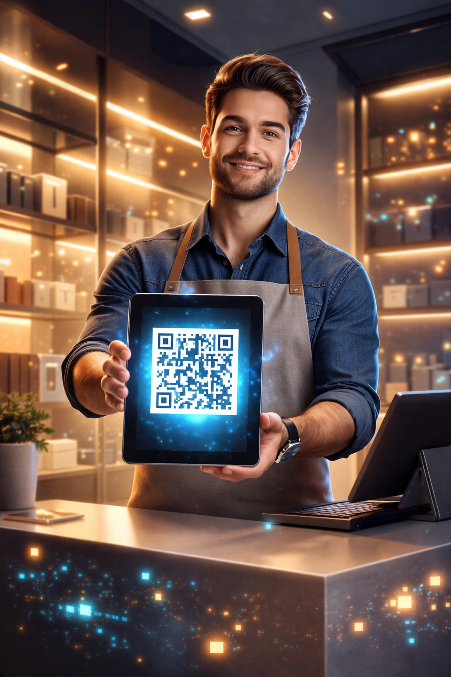 Small business owner displaying a crypto POS QR code for fast, secure self-custody payments in-store