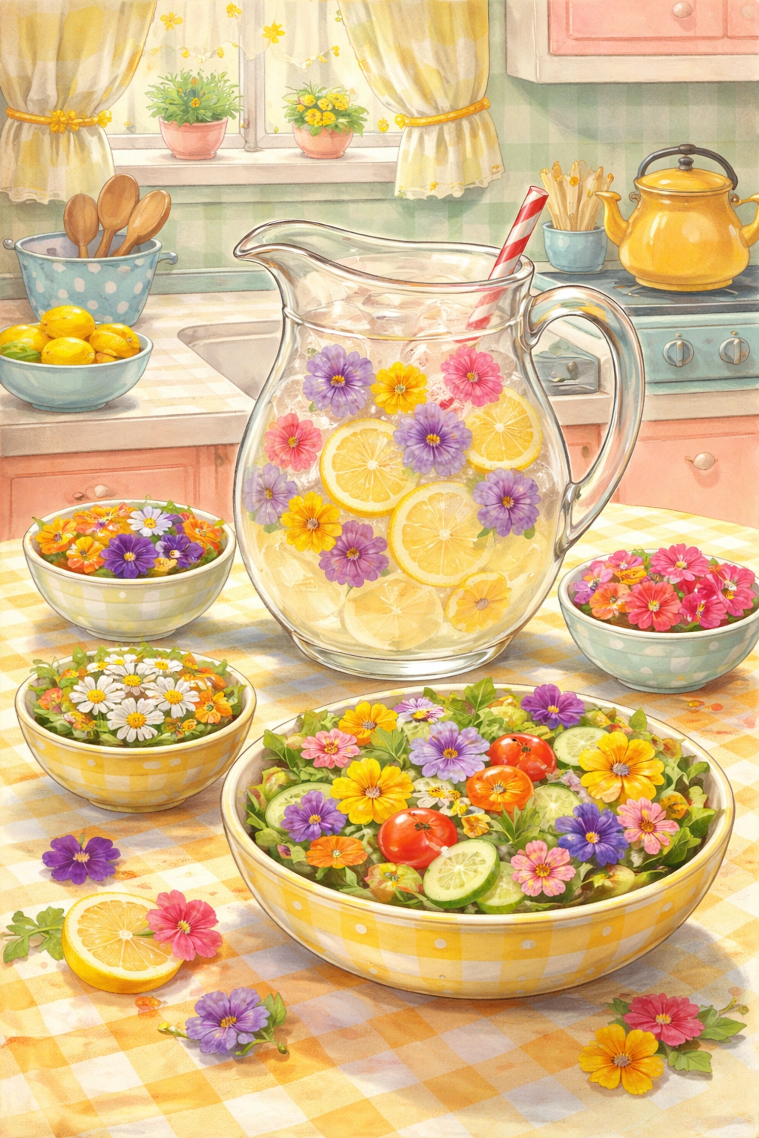 Vintage kitchen scene with lemonade containing frozen edible flower ice cubes and a salad topped with flower petals.