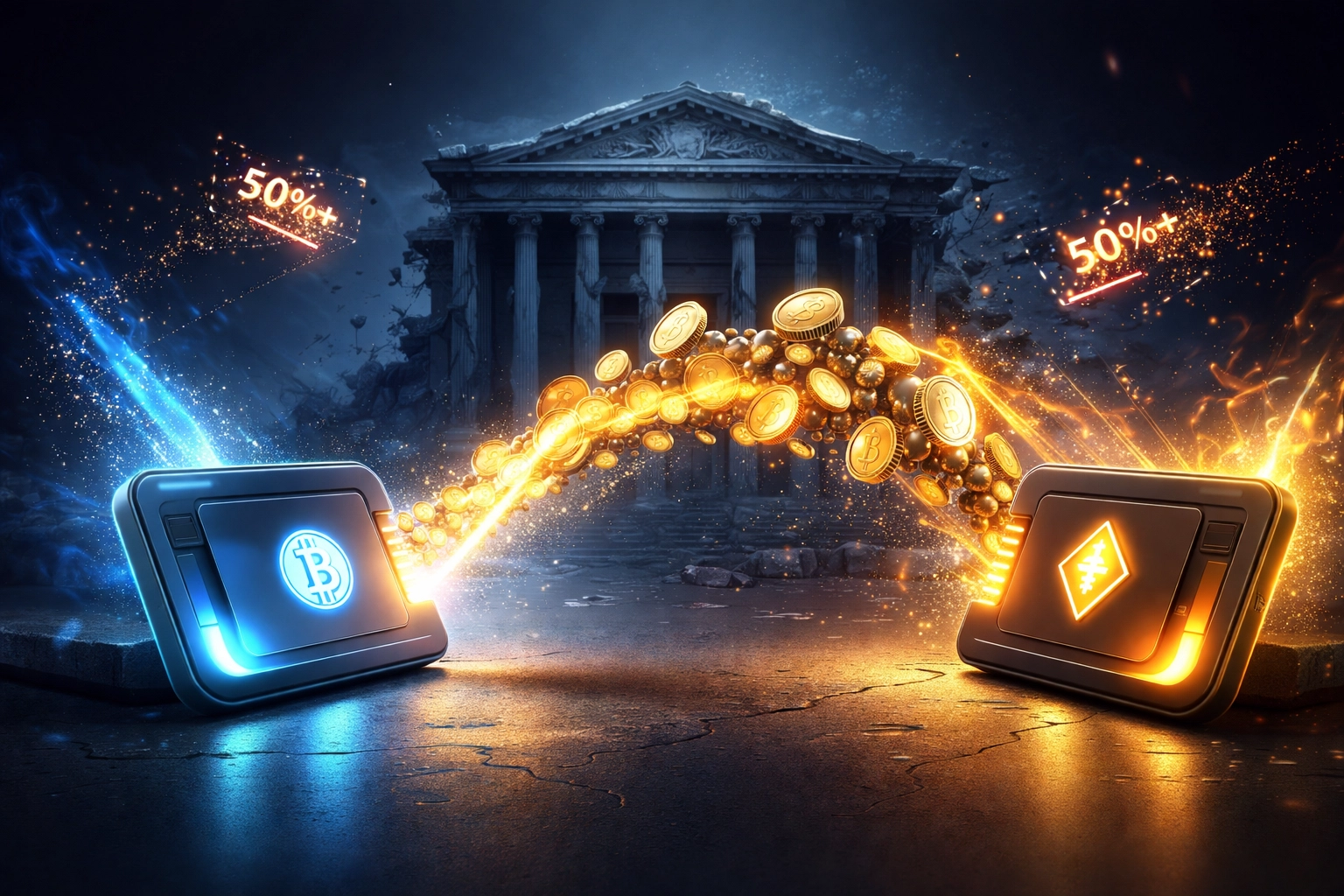 Digital coins and symbols moving directly between crypto wallets, highlighting 50%+ fee reductions for merchants with self-custody payments.