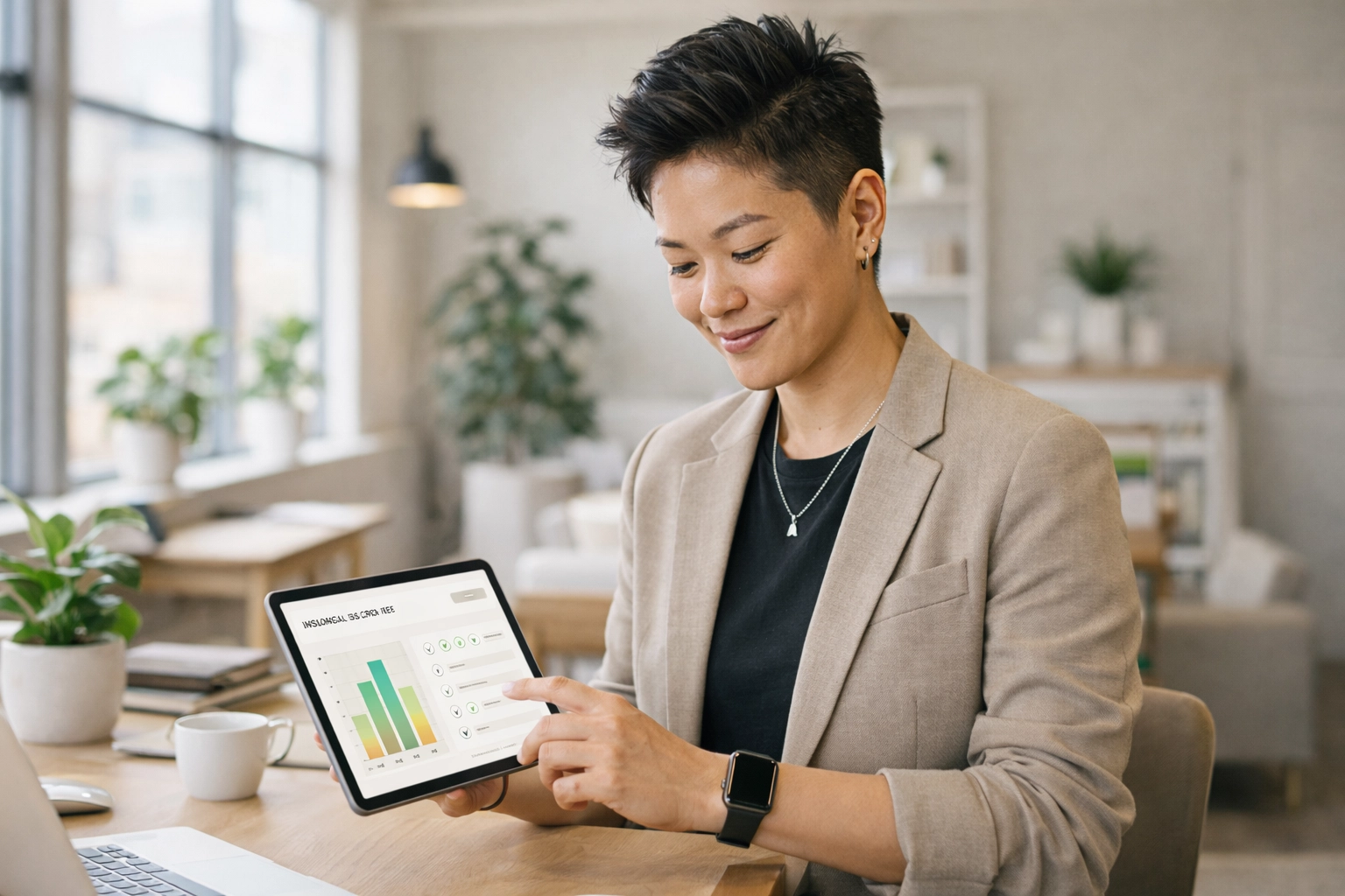 Small business founder in control of operations after optimizing bookkeeping administrative tasks.