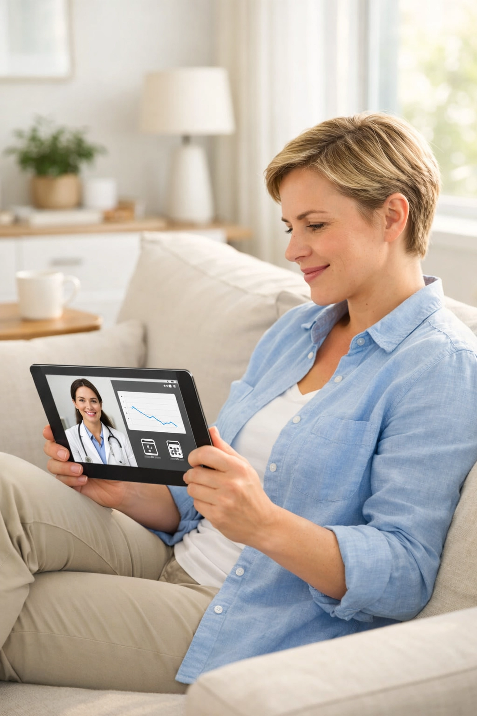 Patient using a tablet for a telehealth consultation to discuss Wegovy substitutes and weight loss goals.