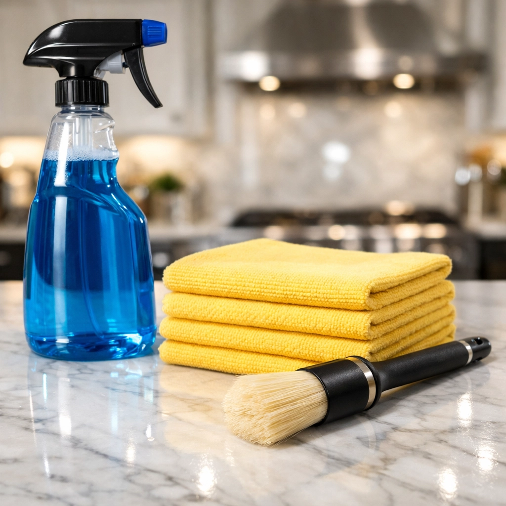 Deep cleaning MA tools on a pristine marble countertop in a luxury kitchen.