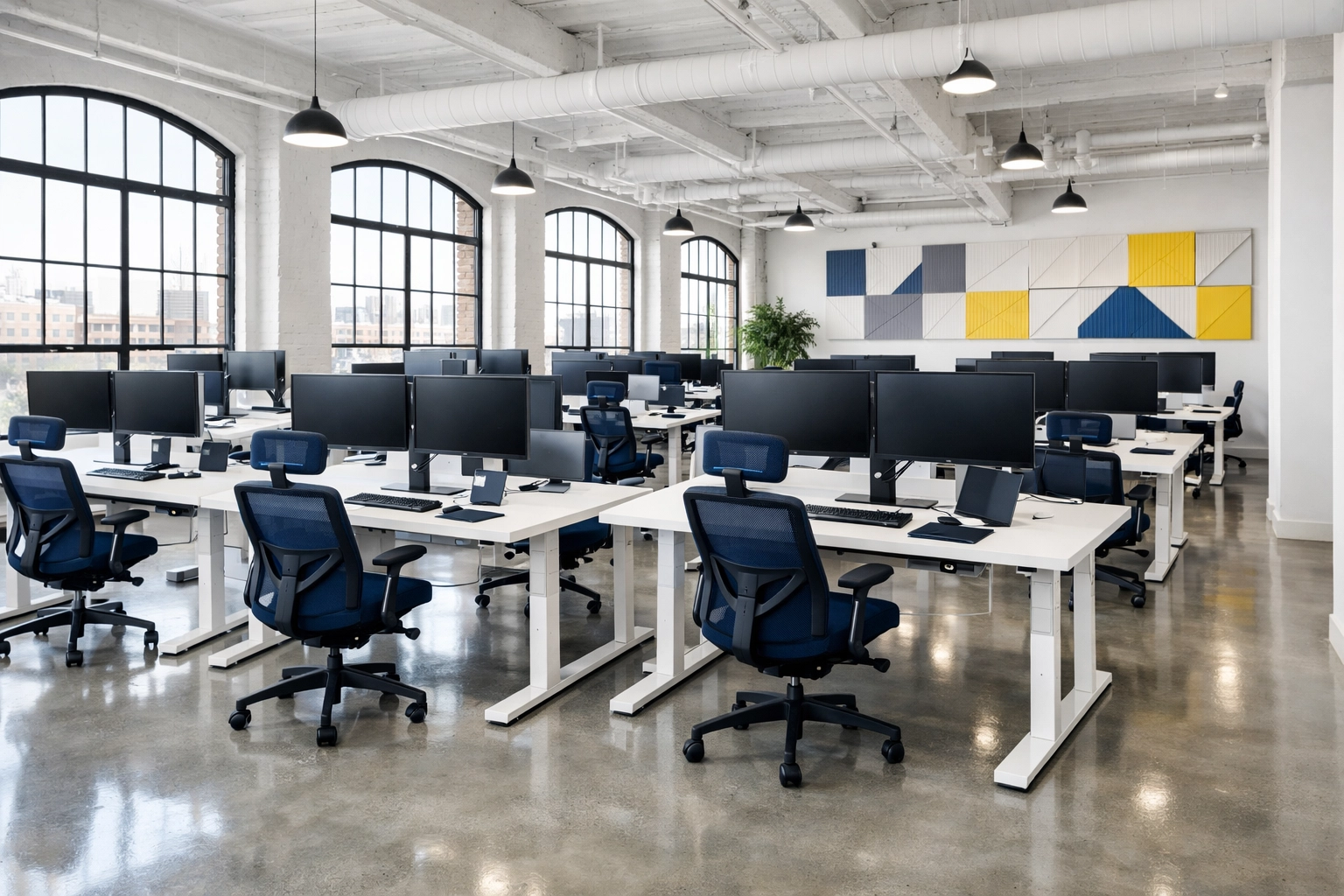 A spotless open-concept tech startup office in Lynn featuring clean white desks and blue chairs.