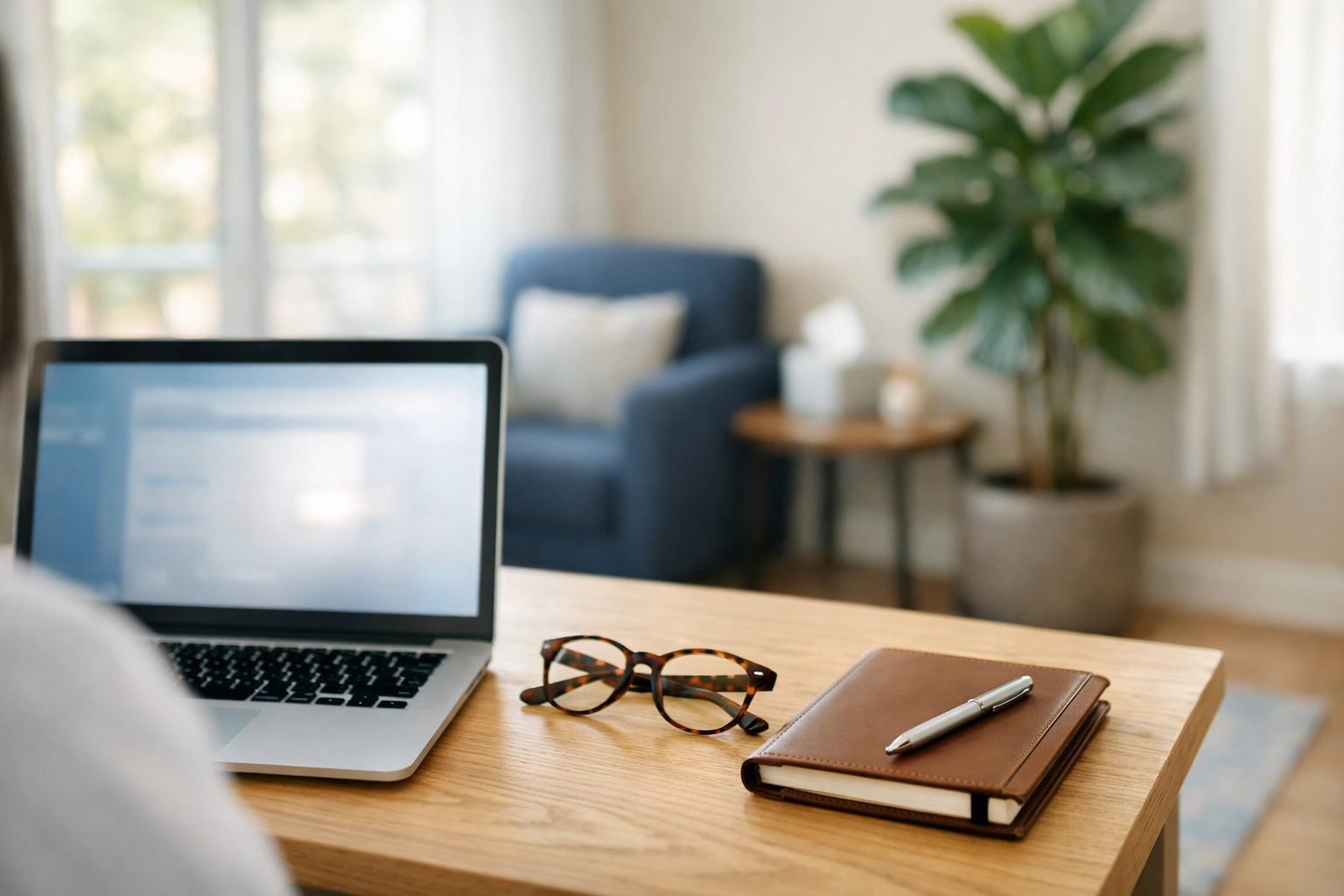 Organized therapist workspace with laptop, representing efficient mental health billing services.