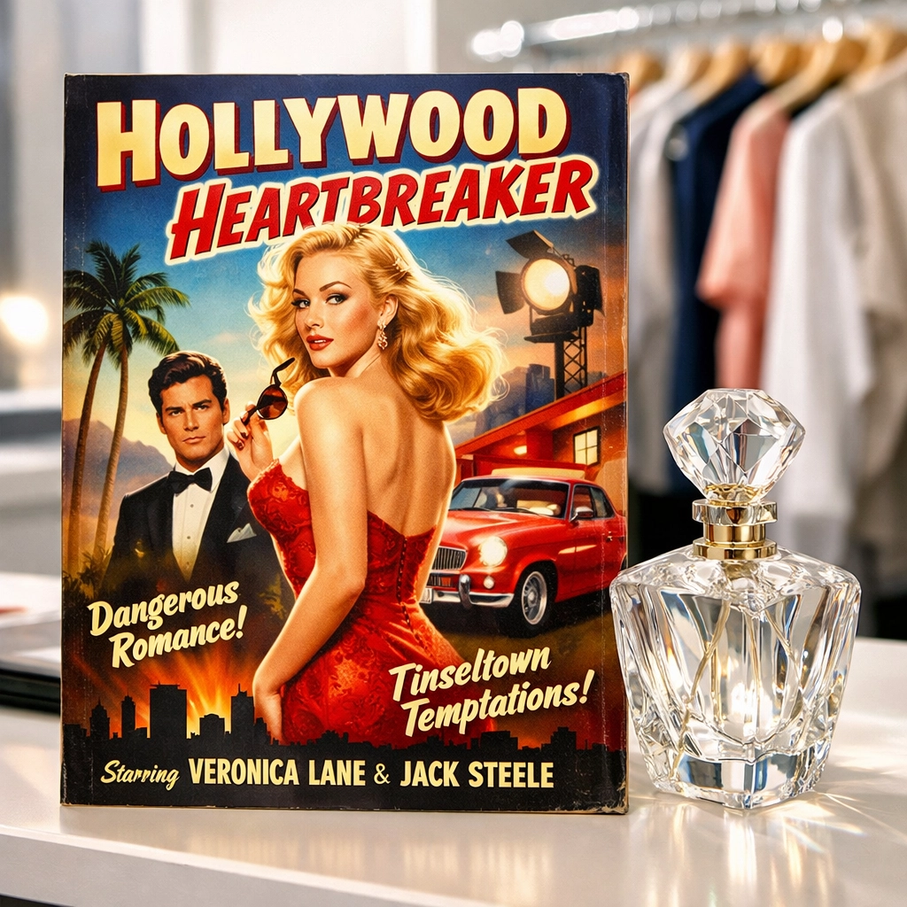 Vintage movie poster and perfume bottle on a desk, showing high-demand items for WhatNot reselling auctions.