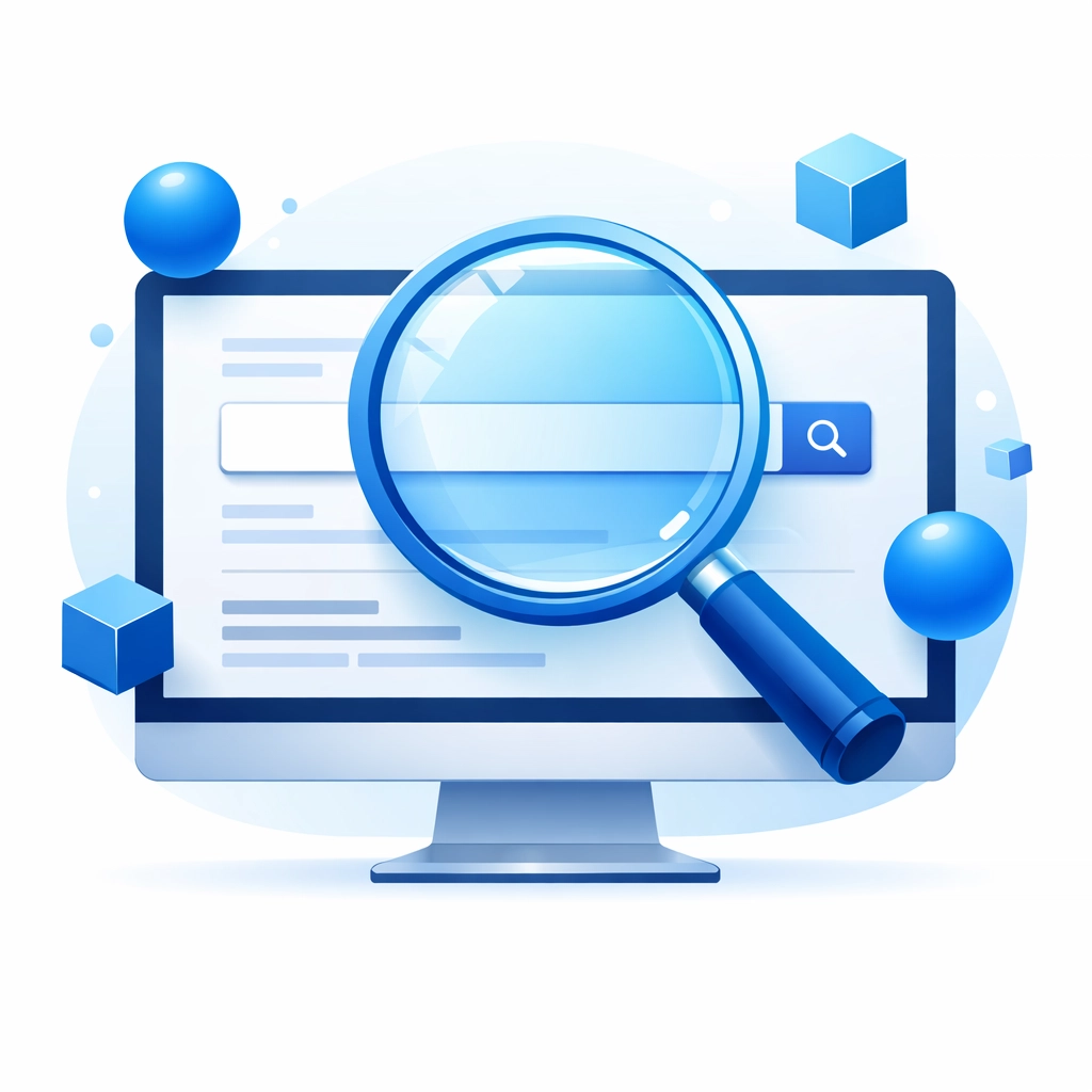 Vector illustration of a search engine interface on a monitor representing digital marketing keyword research
