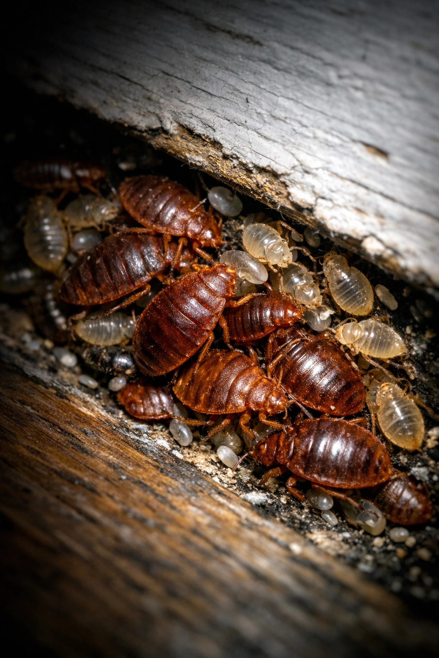 Adult bed bugs and nymphs hiding in a dark floorboard crevice in a White Plains home.