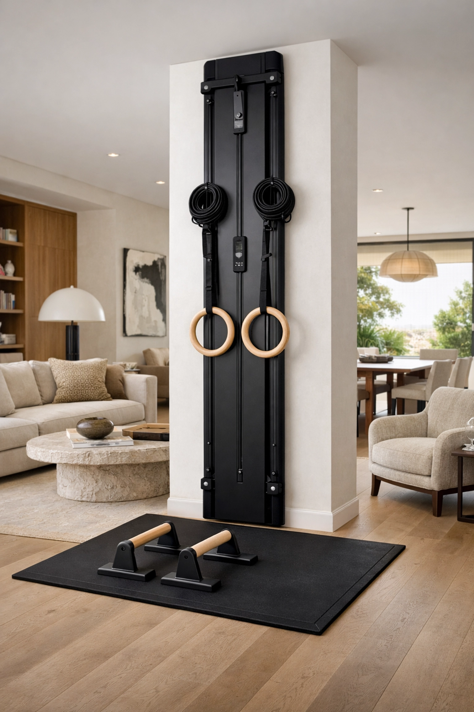 Sleek floor to ceiling gym setup with Resistance Rail and parallettes in a modern living room.