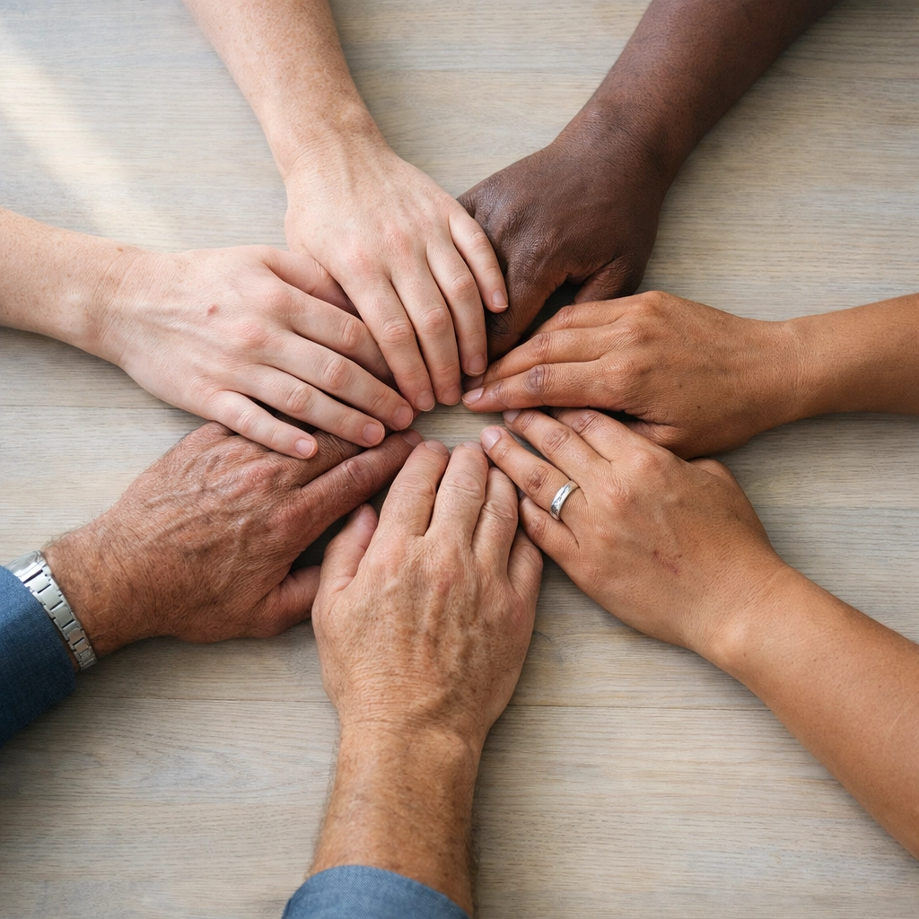 Diverse hands joined in circle representing peer support community for depression recovery