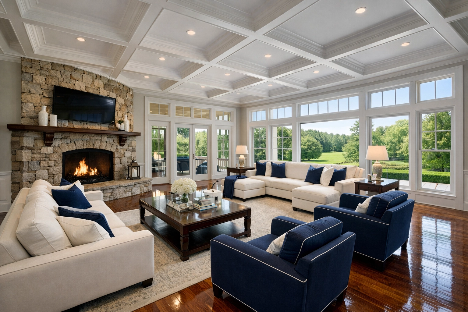 Perfectly organized luxury living room in Massachusetts following a residential cleaning Massachusetts session.