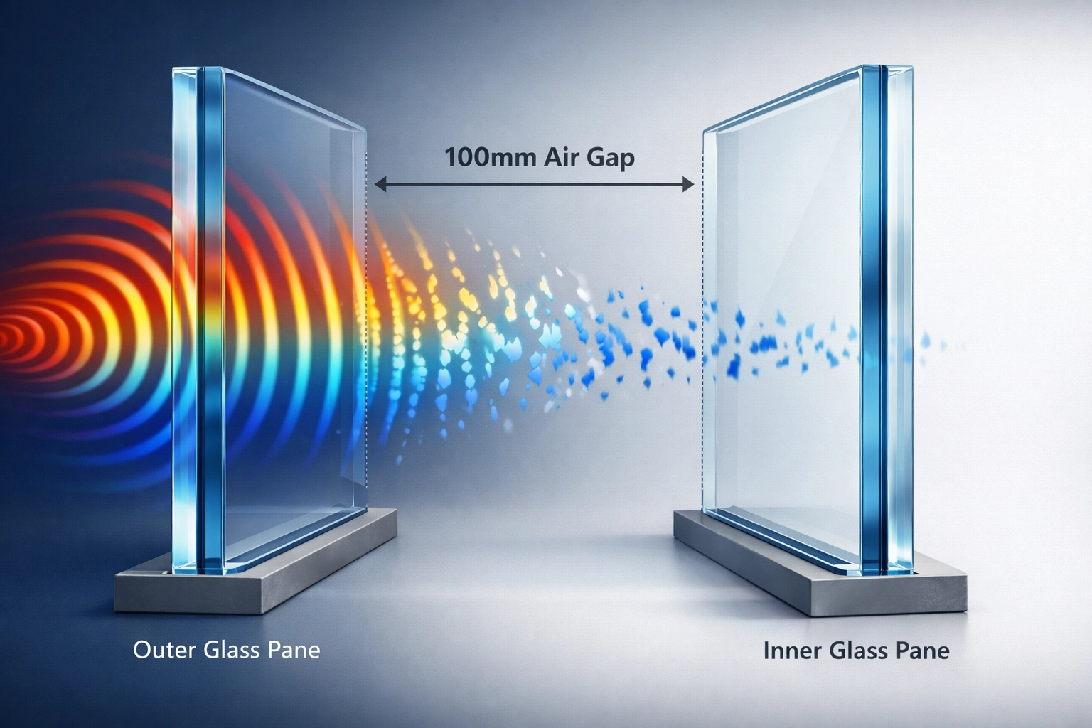 Cross-section diagram showing 100mm air gap blocking sound waves in secondary glazing