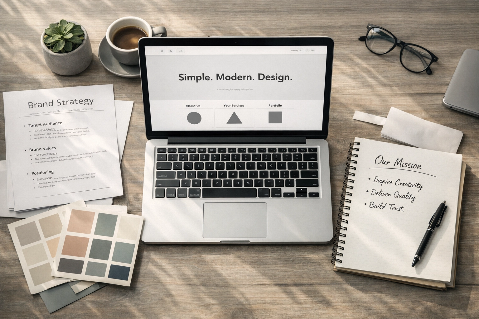 Real estate brand strategy workspace with laptop and color palette planning documents