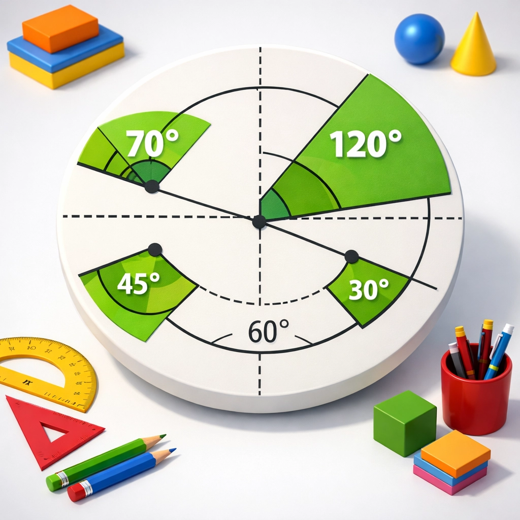 SAT geometry practice showing circle with marked angles, arcs, and sector measurements