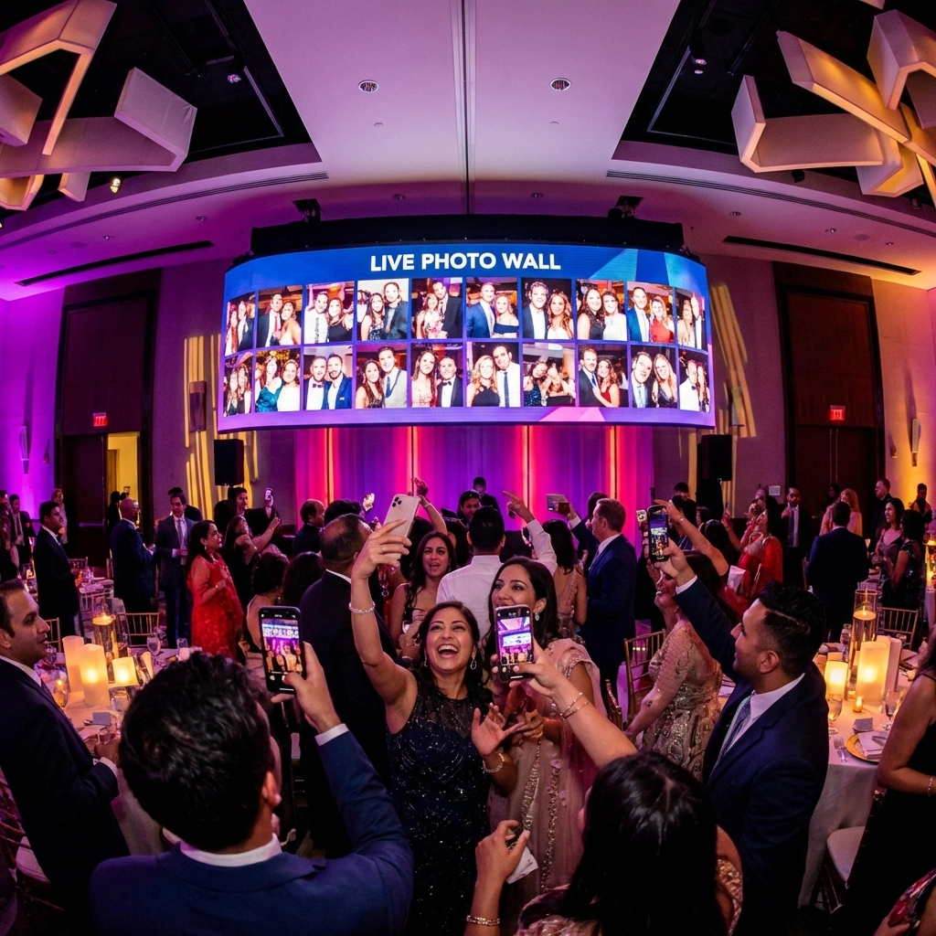 Live photo wall displays instant guest photos at a Queens event, showing the benefits of real-time delivery.