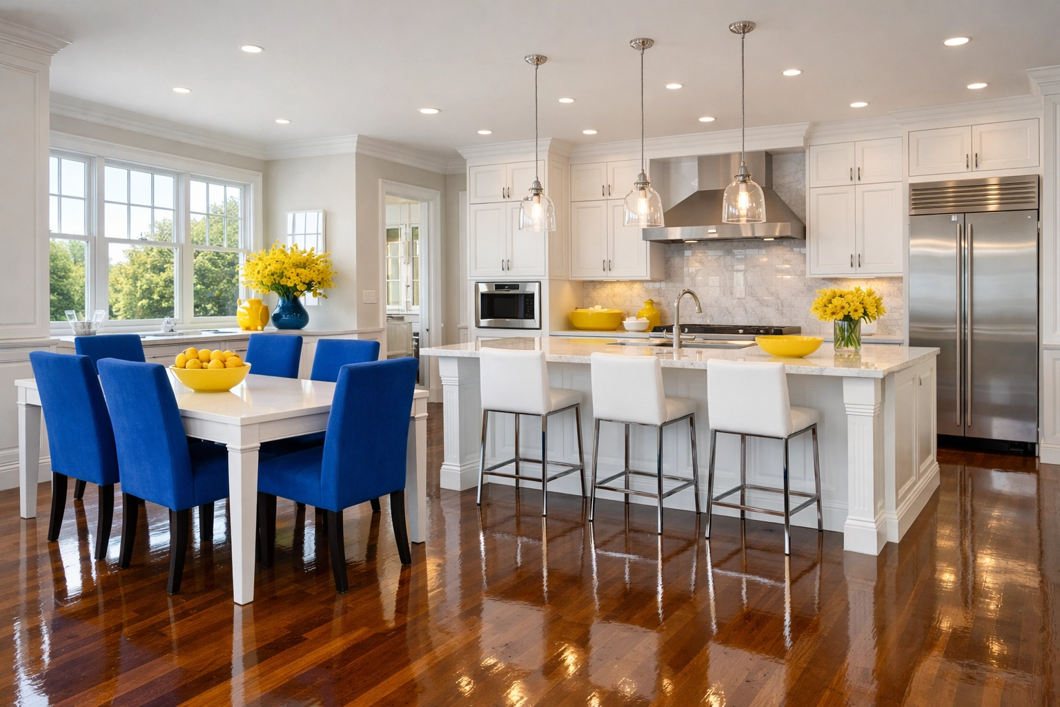 Pristine open-concept kitchen after a professional deep house cleaning in Marlborough.