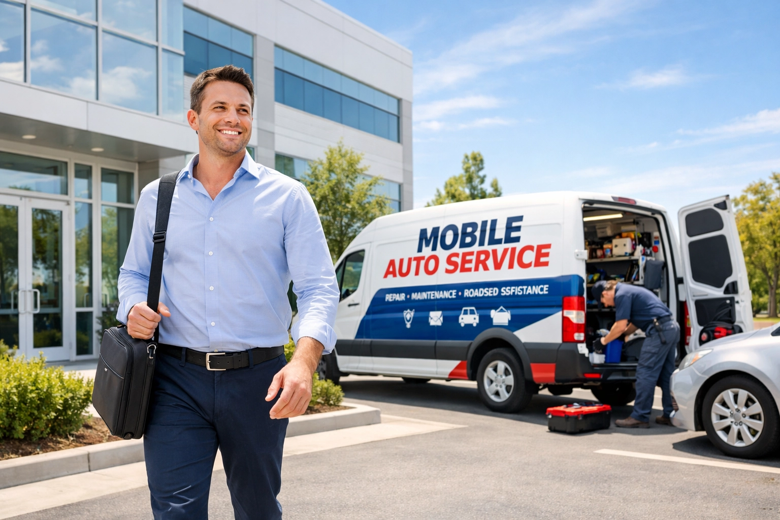 HMS Mobile Auto service van performing on-site car repair at a Green Bay office parking lot.