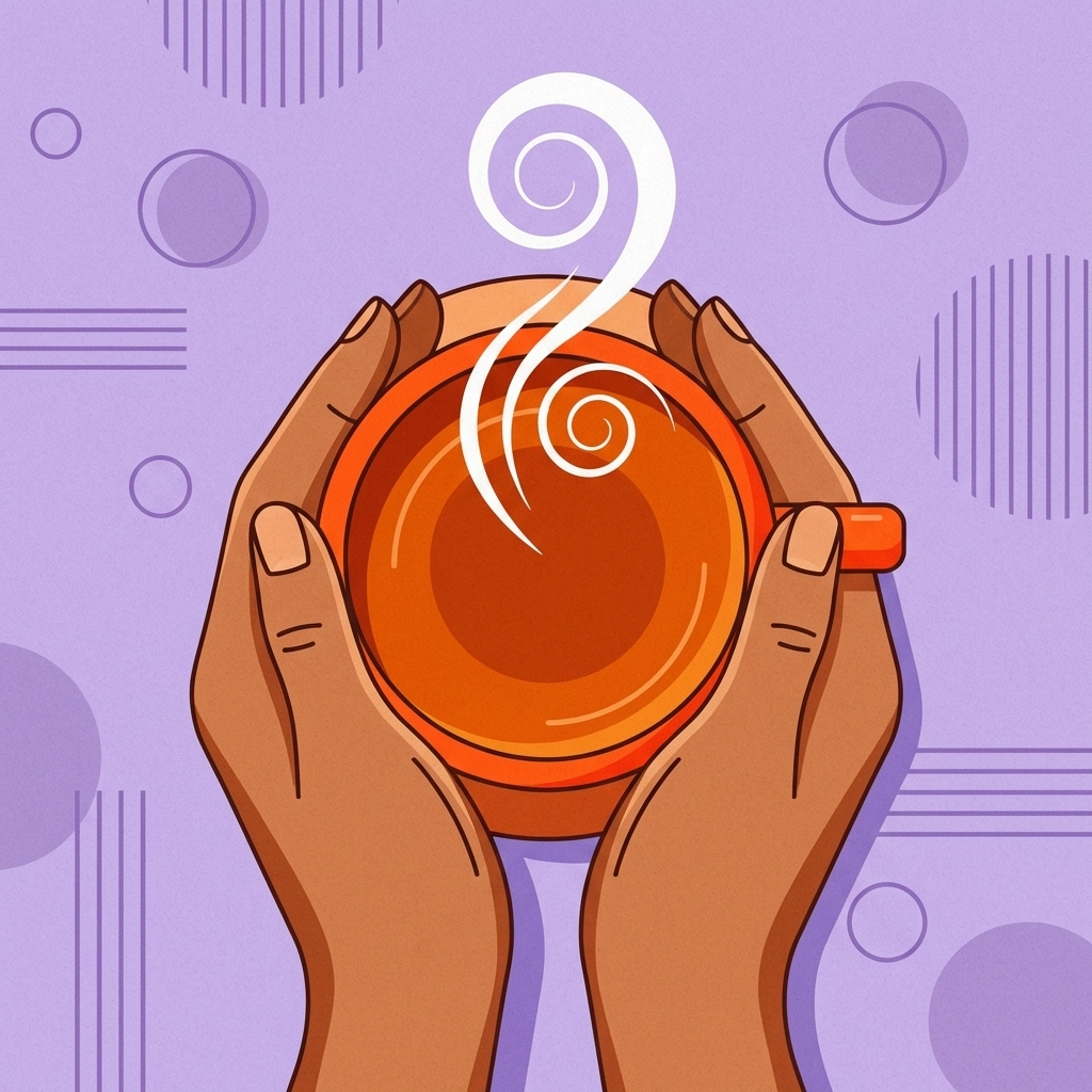 Illustration of hands holding a steaming cup of tea, representing comfort and the power of gentle self-compassion.