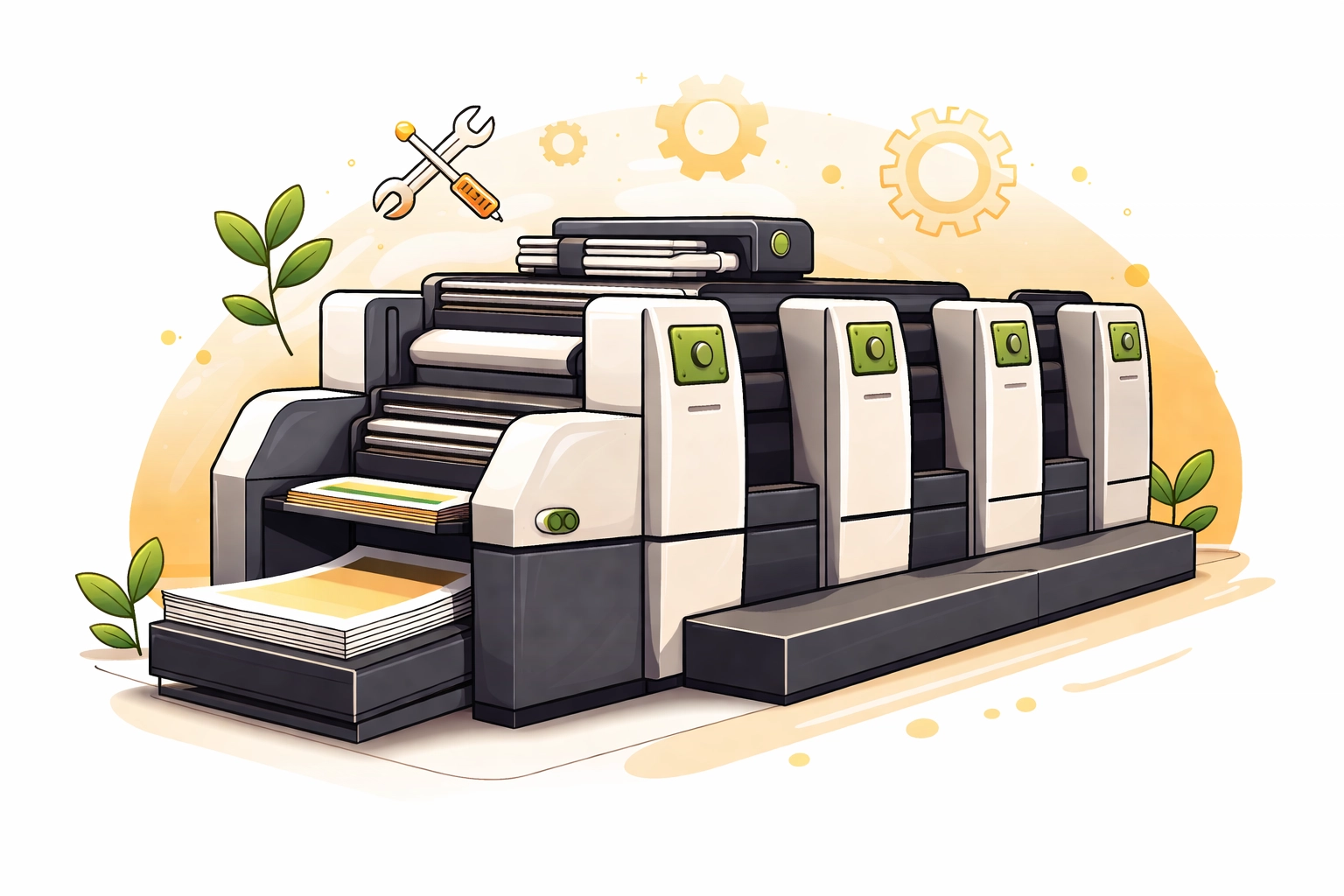 Minimalistic image of a modern printing press with eco-friendly elements, symbolizing sustainable equipment management.