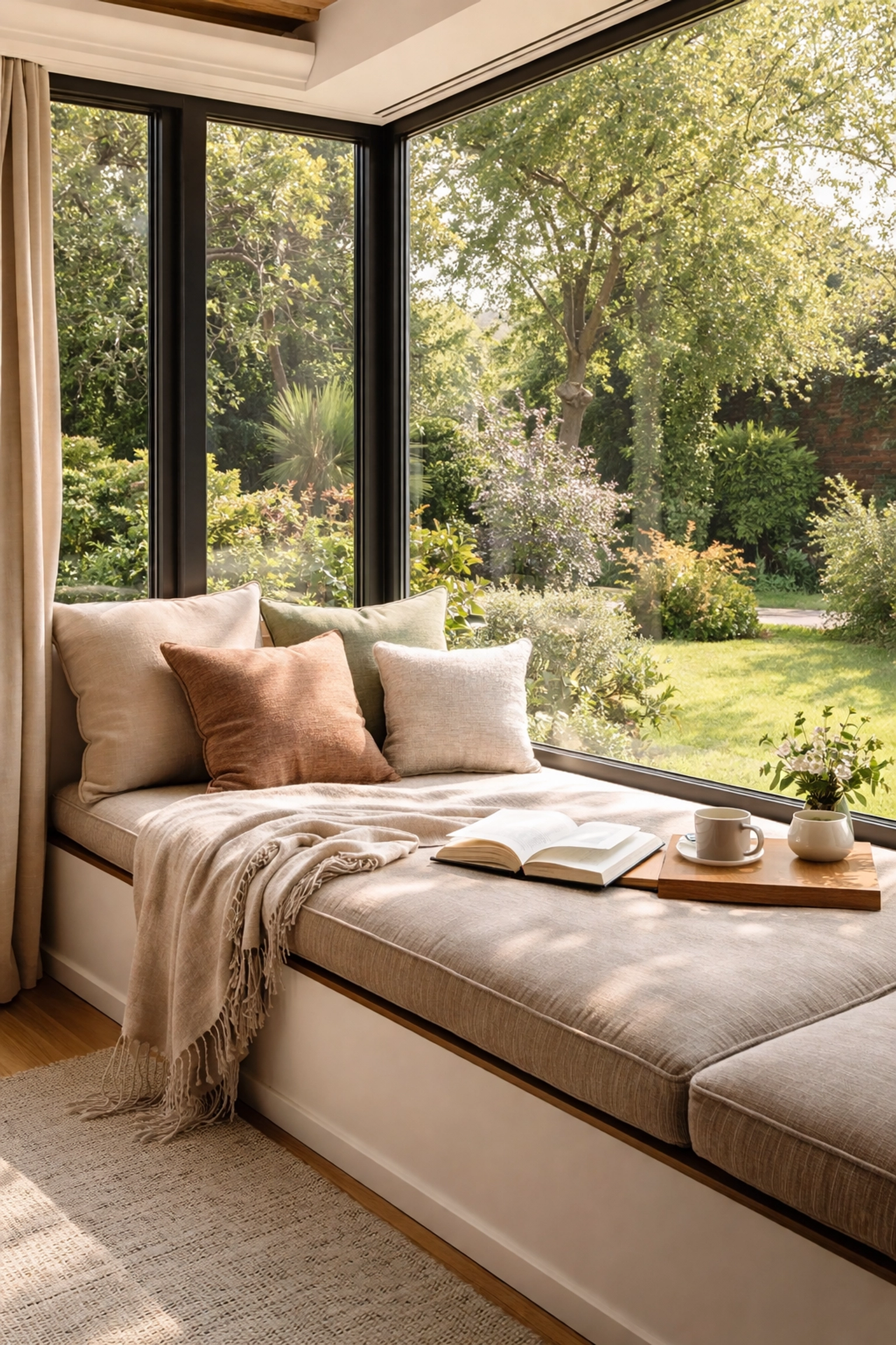 Cosy built-in window seat in a home extension with views of a landscaped garden