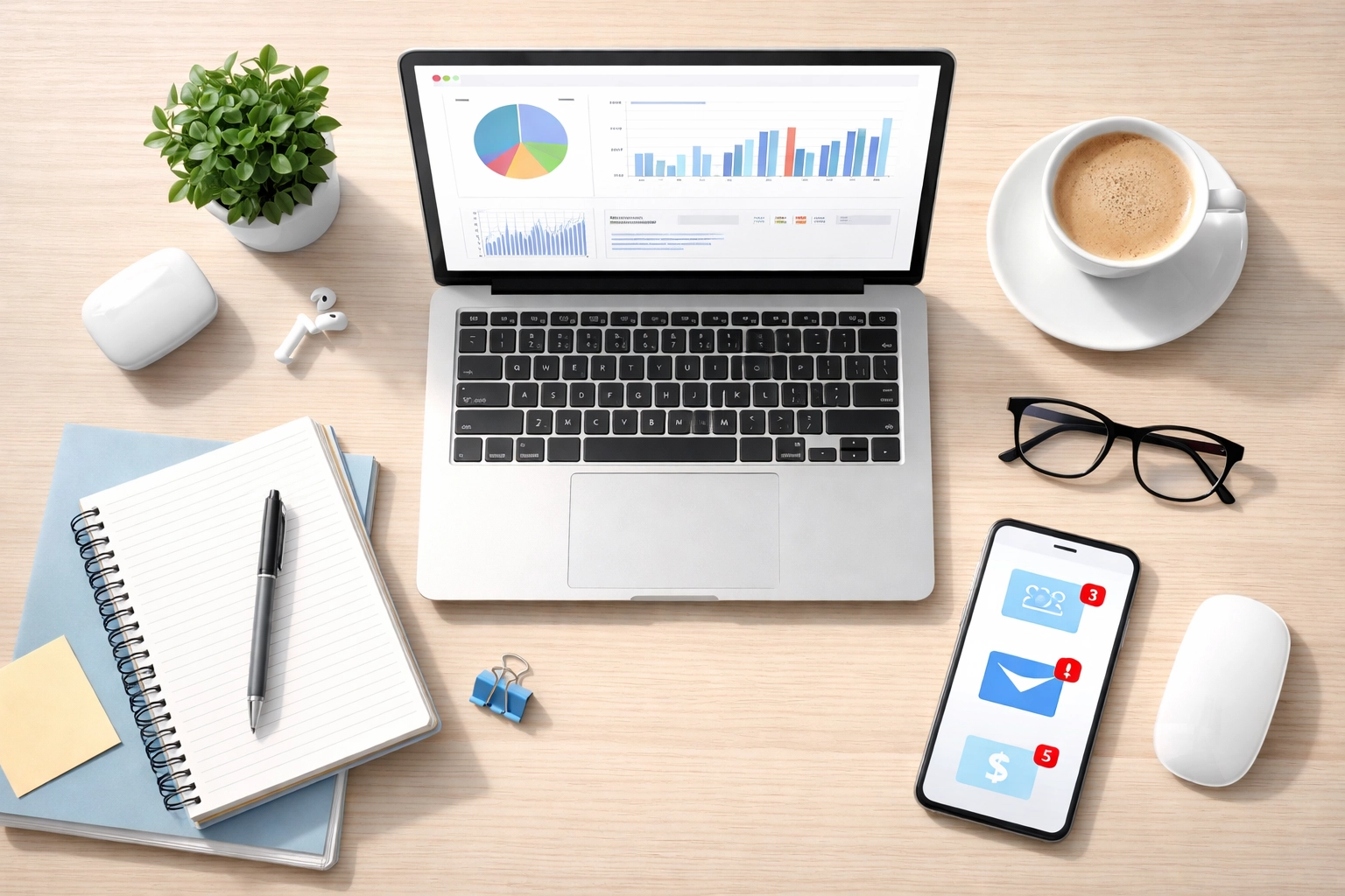 Organized healthcare admin desk with laptop, charts, and coffee illustrating productivity and automation
