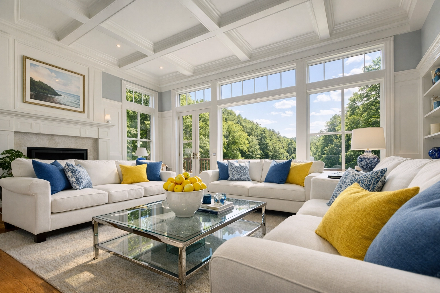 Sun-drenched luxury living room in a Needham estate professionally cleaned near Echo Bridge.