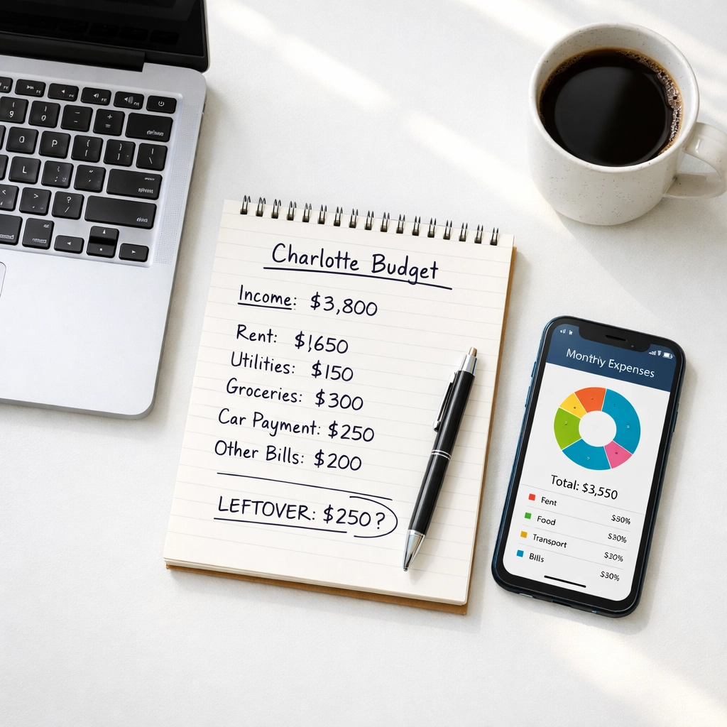 Calculating a monthly budget for rent and utilities in a Charlotte apartment on a clean workspace.
