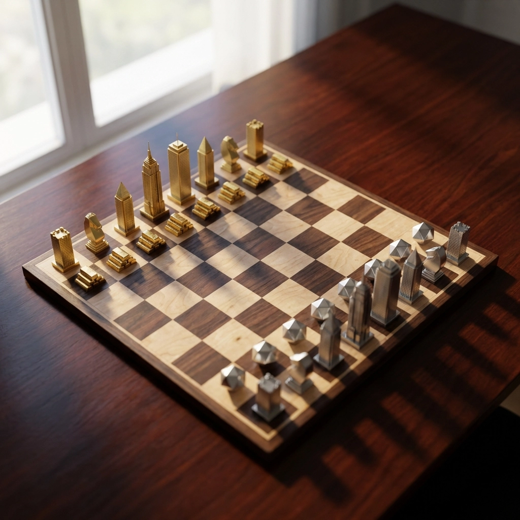 Chess board with investment assets as pieces, symbolizing strategic decision-making in hedge fund portfolio management.