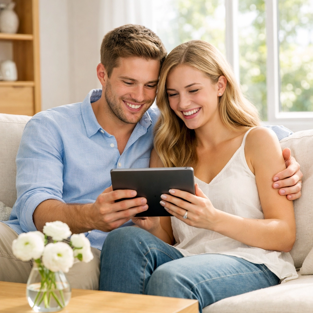 Engaged couple happily planning their debt-free wedding using a digital wedding fund tablet.