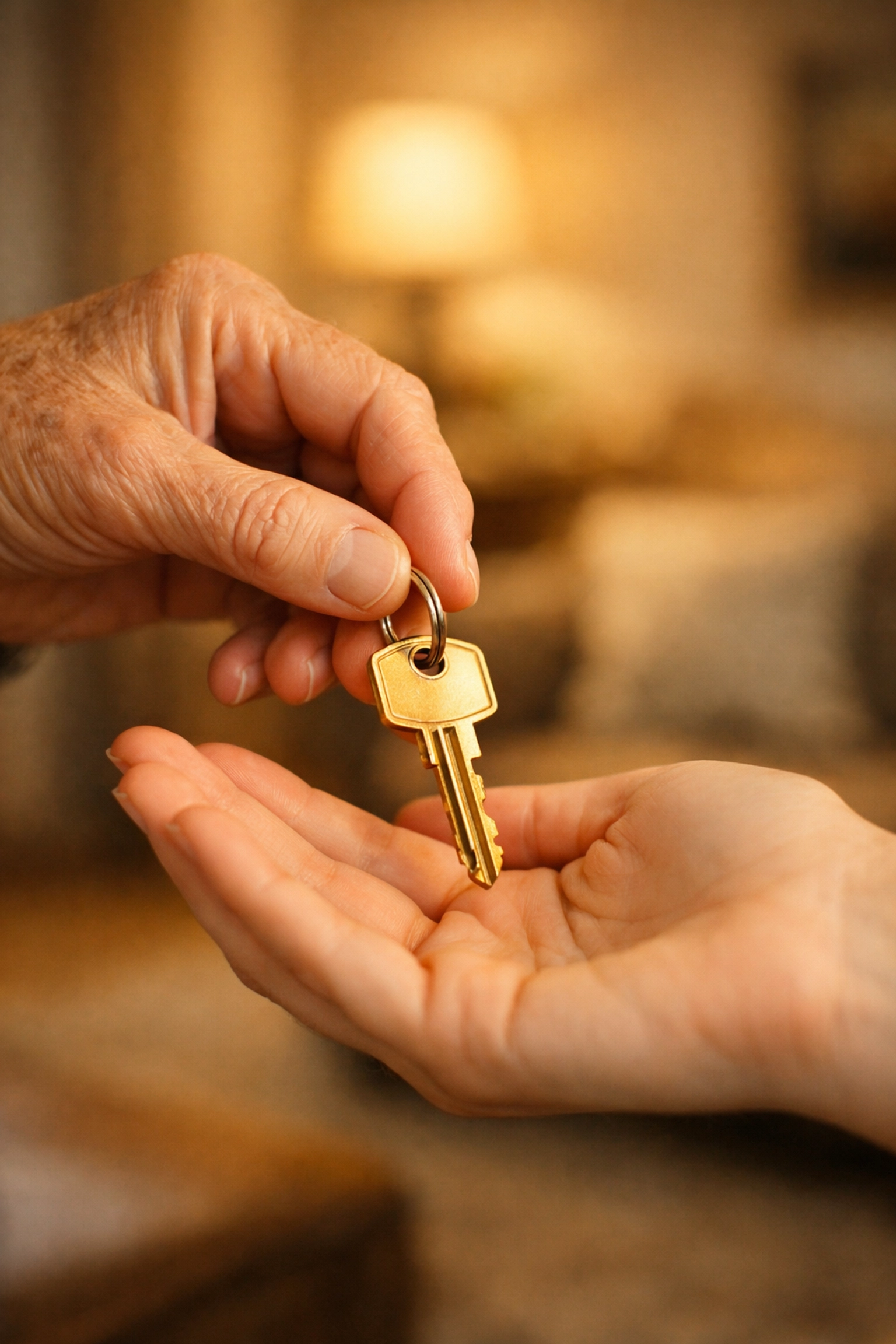Senior passing a brass key to a younger adult, representing the trust involved in a lasting power of attorney.