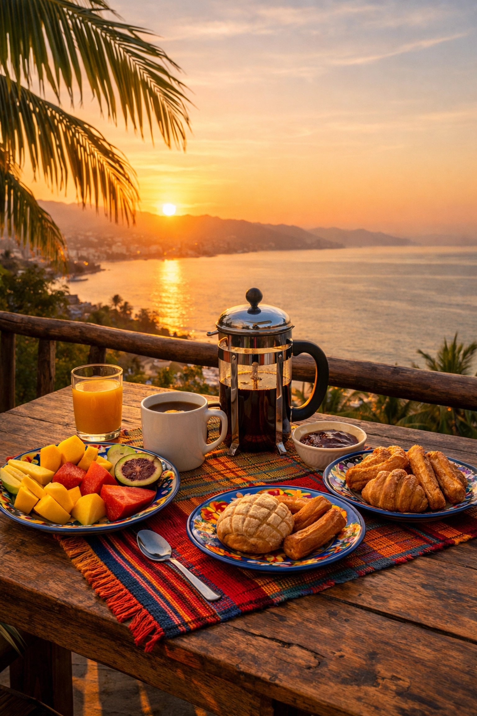 Morning breakfast on private Amapas condo balcony overlooking Banderas Bay Puerto Vallarta