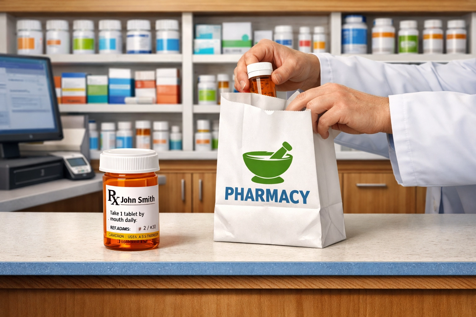 Pharmacist preparing GLP-1 prescription medication at pharmacy counter