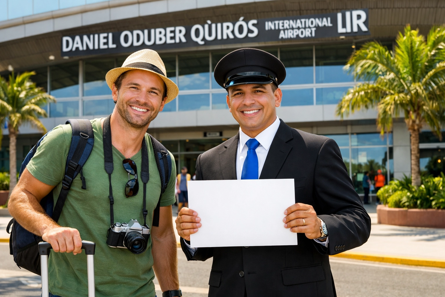 Smiling traveler meeting their licensed LIR airport shuttle driver at the arrivals area.