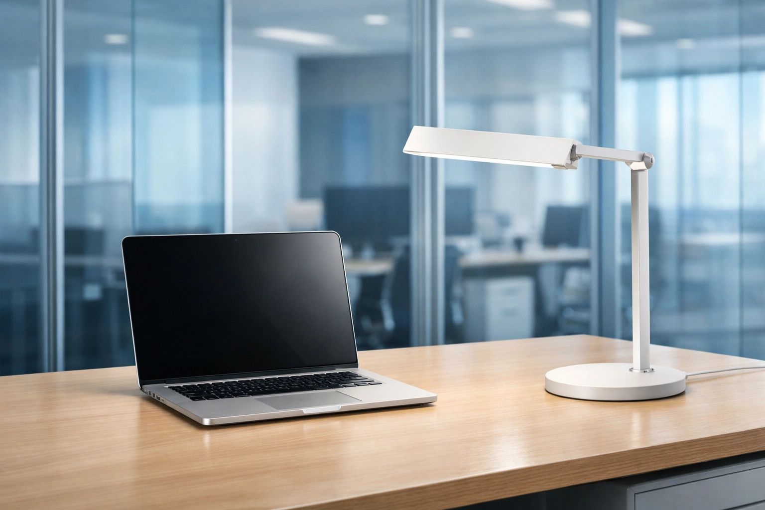A sanitized professional office workstation in Longmeadow with a dust-free desk and clear glass partitions.