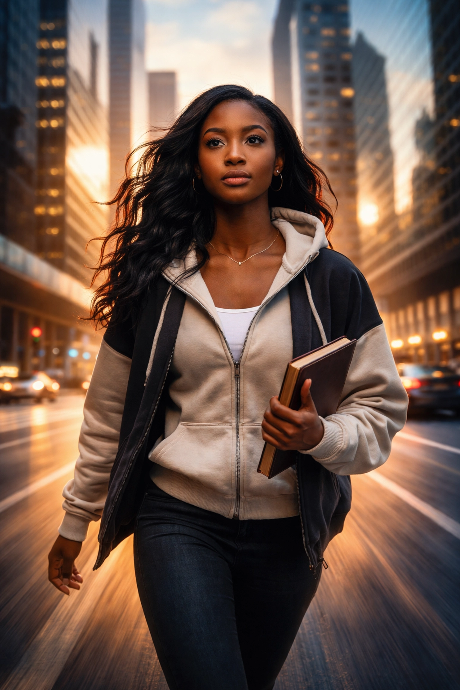 Confident Black woman in a city at dawn, illustrating spiritual discipline, faith, and purpose-driven momentum in Christian lifestyle.
