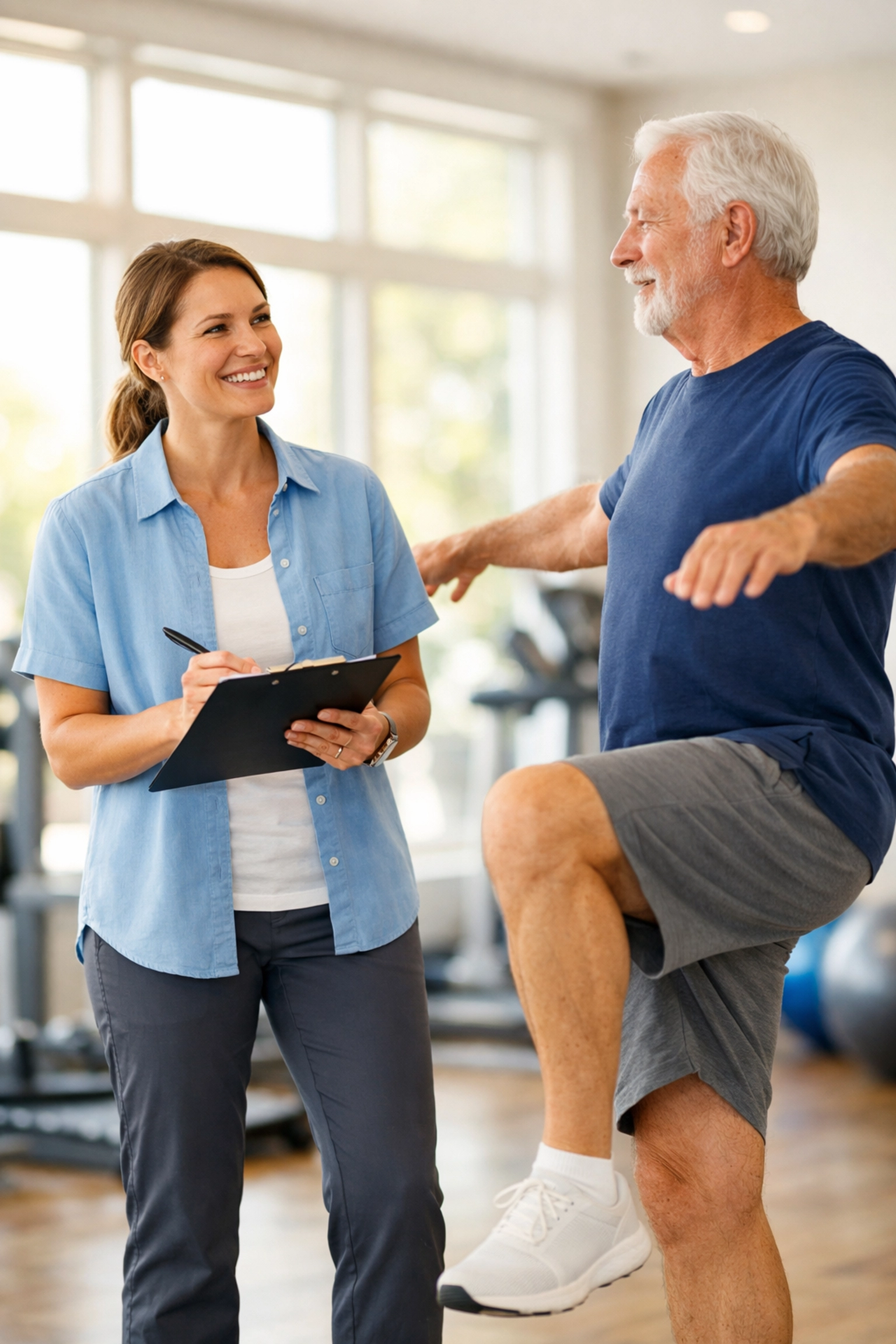 Physical therapist conducting balance assessment with senior patient in therapy clinic