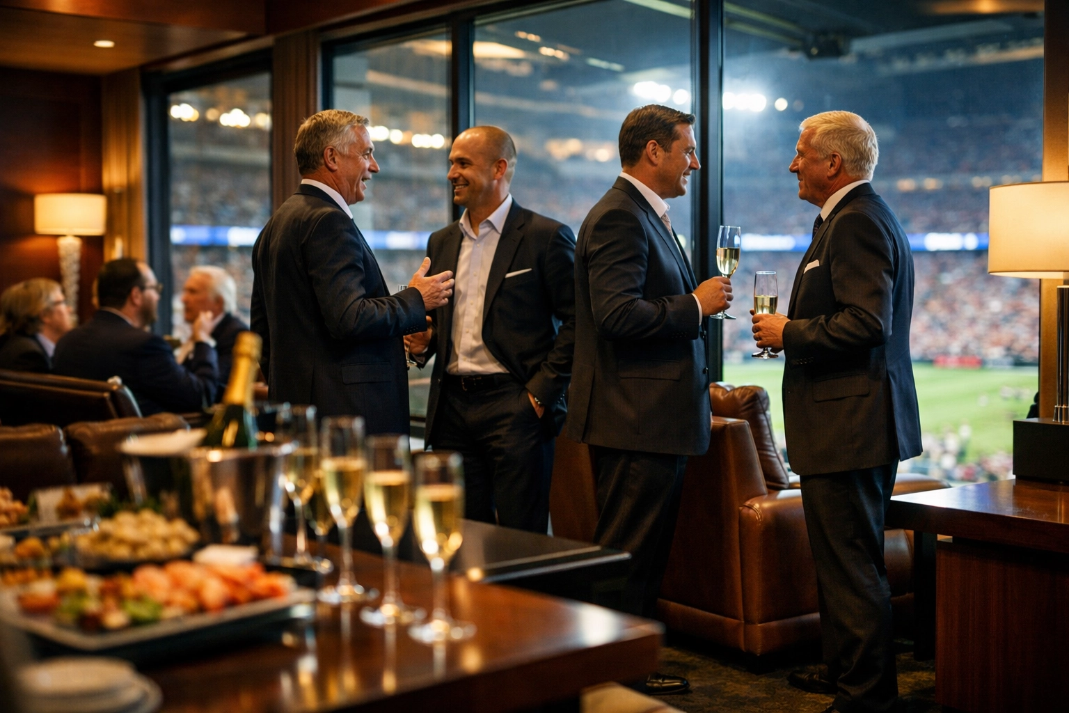 NEWSLETTER Corporate executives networking in luxury Super Bowl suite with premium amenities